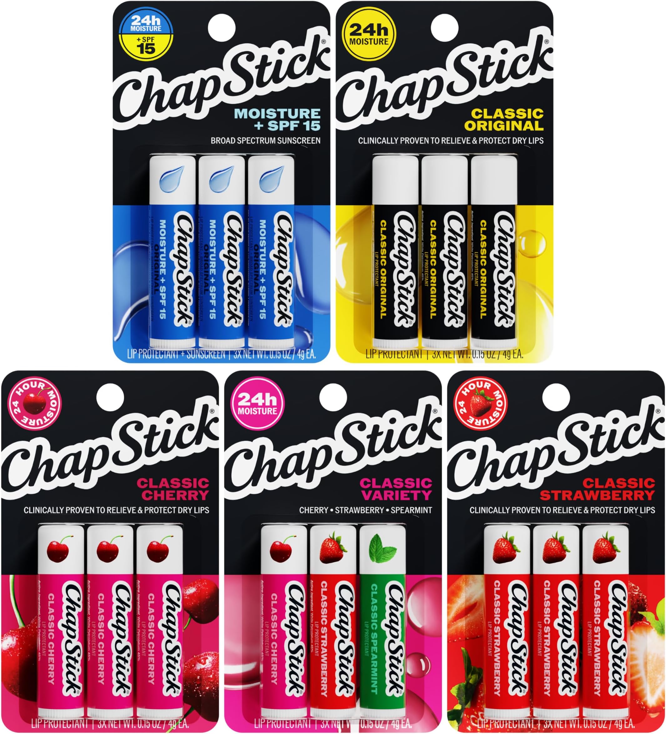 Classic Collection Flavored Lip Balm Tubes Pack, Lip Moisturizer - 0.15 Oz (Box of 5 Packs of 3)