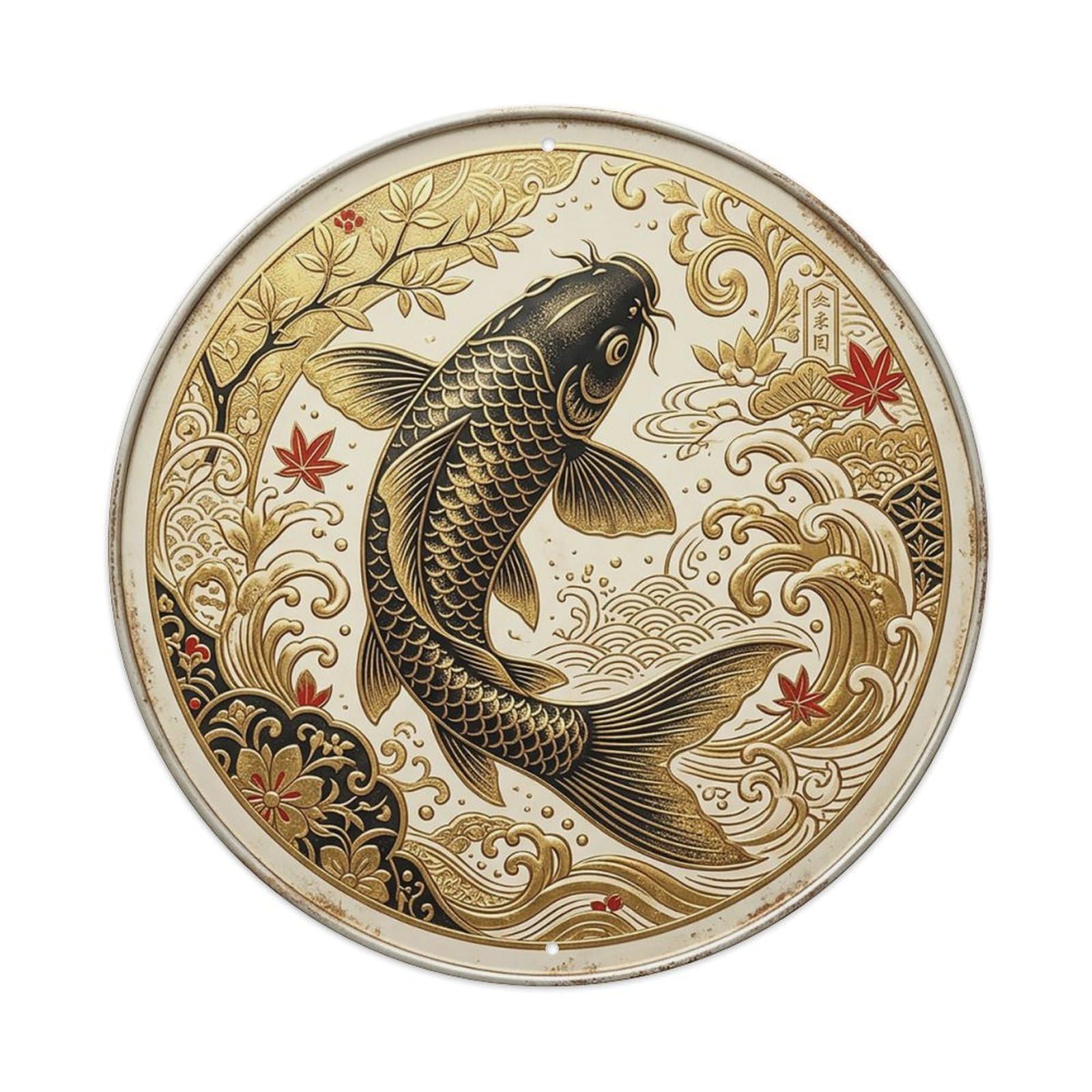 Gold Leaf Accent Koi Fish Metal Tin Sign