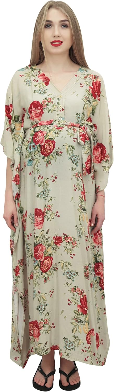 Bimba Moms Floral Printed Kaftan with Belt Maternity Maxi Dress