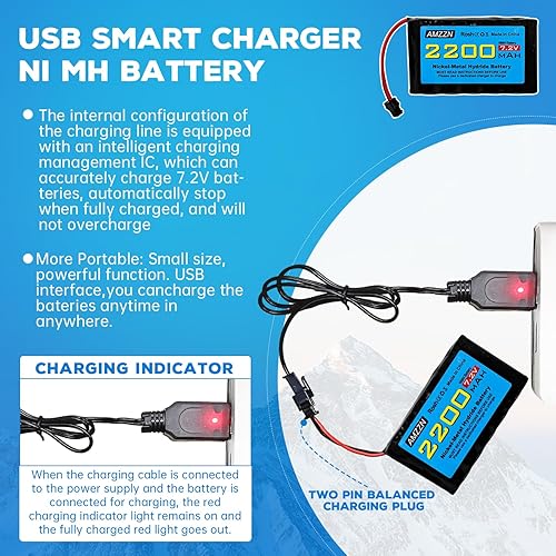 Miniatura 4 de AMZZN Batería NiMH AA de 7.2 V 2200 mAh con enchufe SM-2P y cable de carga USB para excavadora Huina 1550 550 RC, automóvil, camión, vehículo de