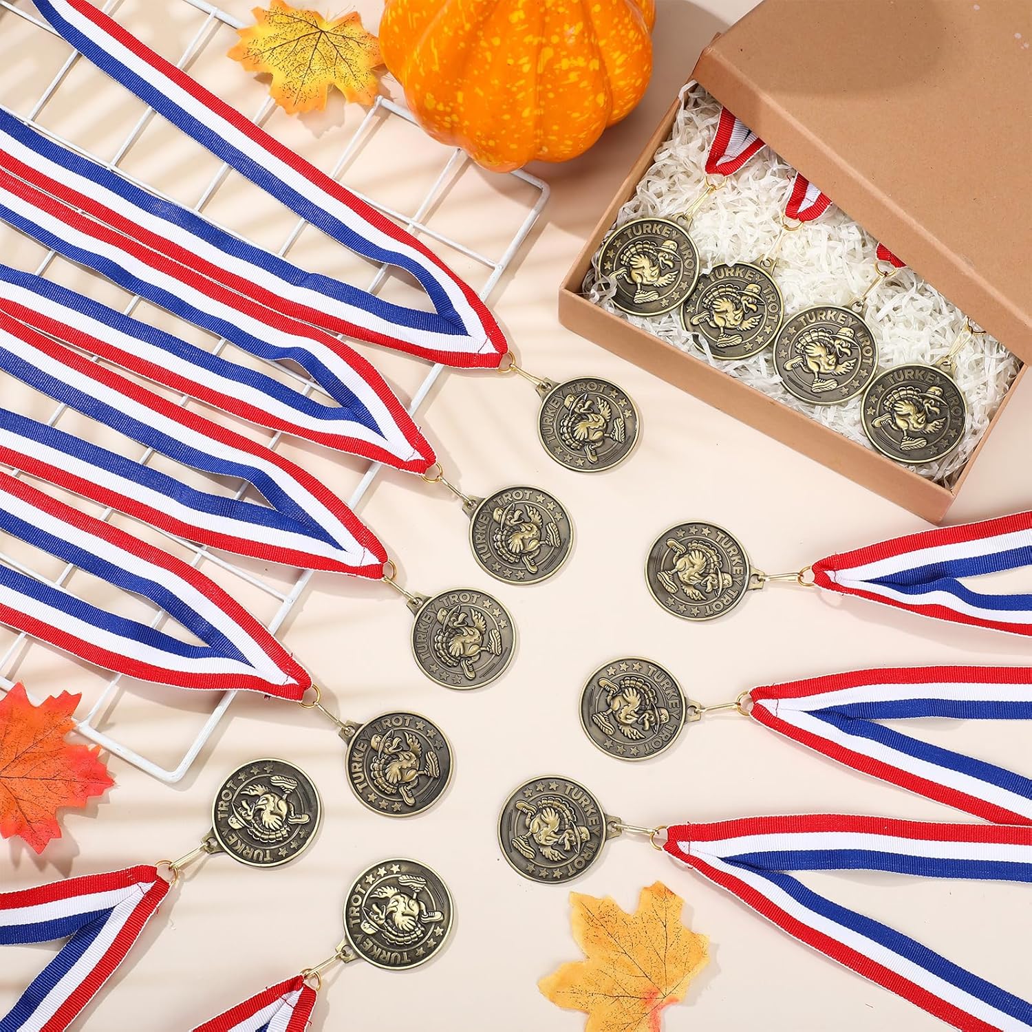 Kigeli Turkey Trot Medals 2'' Thanksgiving Turkey Medals Turkeys Gold Award Bowl Prizes Trophies with Ribbon Bulk for Thanksgiving Trot Bowl, Community Holiday Events, Sports Day Prizes