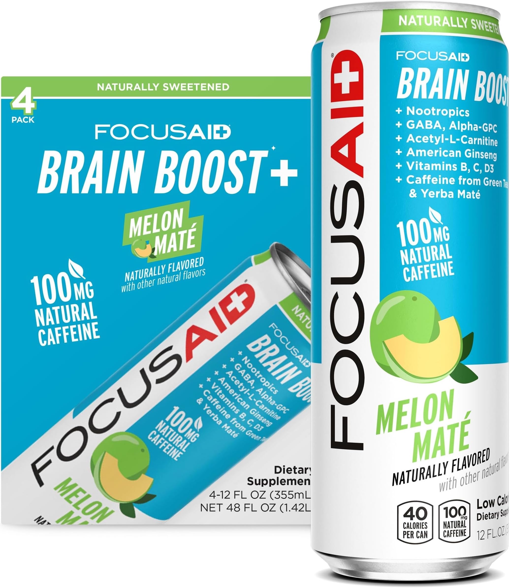 LIFEAID Energy Blend Nootropics Drink for Brain Fuel AlphaGPC GABA BComplex Yerba Mate Green Tea 100 Clean100mg Natural Caffeine 12oz. cans Pack , FOCUSAID, 12 Fl Oz (Pack of 4)