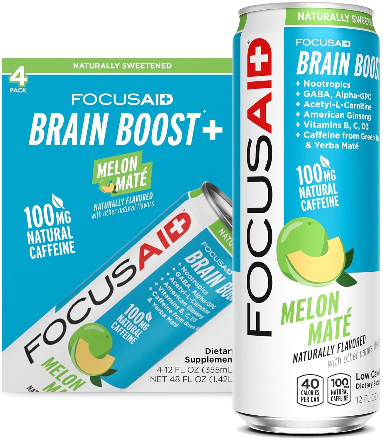 FOCUSAID Energy Blend, Brain Boosting Nootropics Drink, Alpha-GPC, GABA, B-Complex, Yerba Mate, Green Tea, 100% Clean, 100mg Natural Caffeine, 12-oz. can, 12 Pack