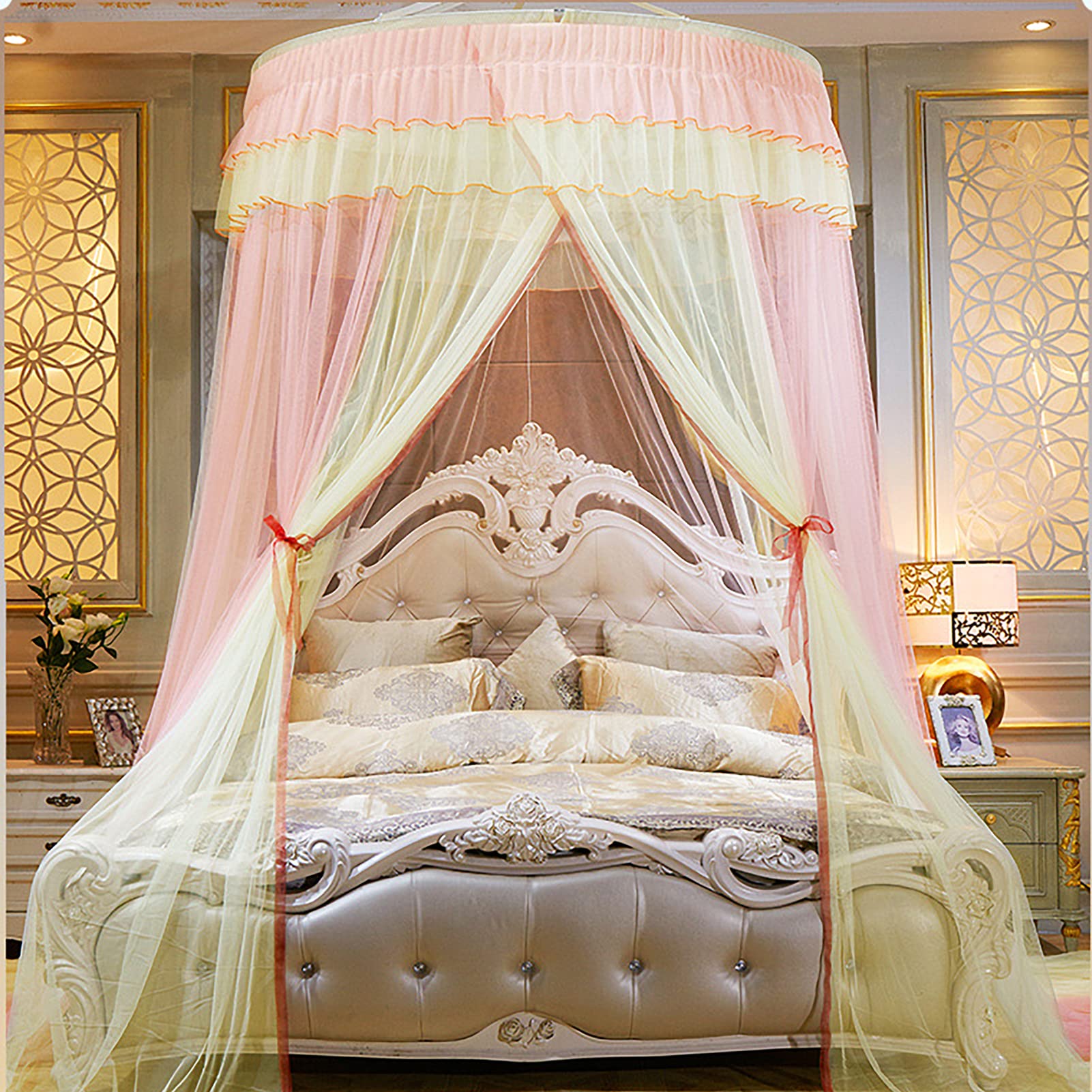 RIRC Bed Canopy for Girls Room Dome Pink Canopy Bed Curtains Ceiling Suspension Purple Mosquito Net for Bed Queen Size Blue Mosquito Netting Luxury Princess Canopy for Girls Bed Tent (Pink Yellow)