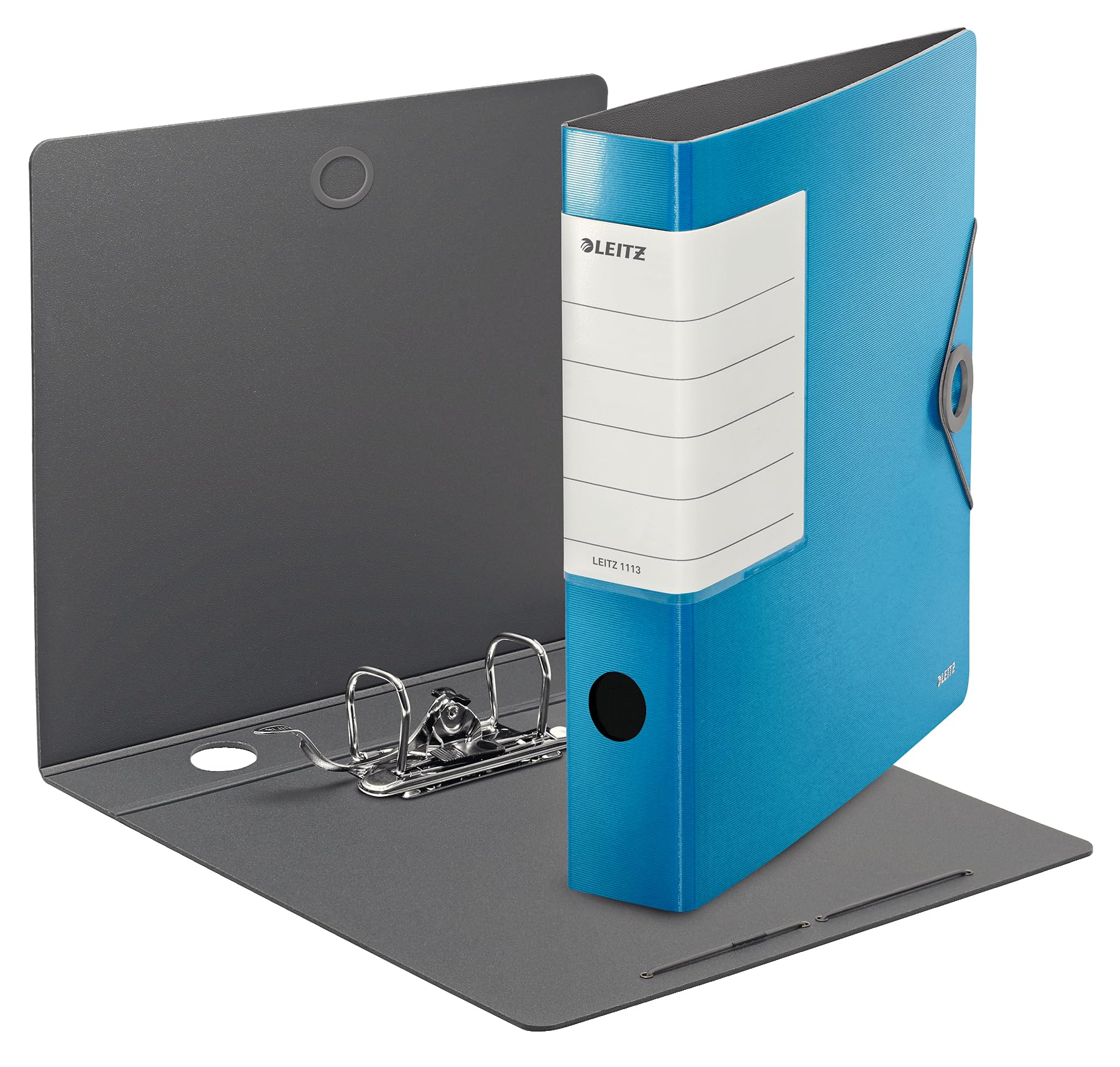 Leitz 11130030 - Raccoglitore di qualità a 180°, formato A4, sottile, azzurro, larghezza dorso 6,2 cm, chiusura con elastico, robusto polyfoam, targhetta posteriore sostituibile extra larga