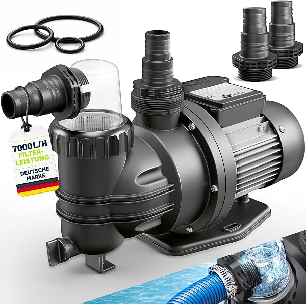 tillvex® Filterpumpe Pool 7.000L/h & 250W | Schwimmbadpumpe Förderhöhe max. 7,5m | Poolfilter Umwälzpumpe für 22m³ Pools | Poolpumpe selbstansaugend für Pools Aufstellpool Spa mit Vorfilter - 1