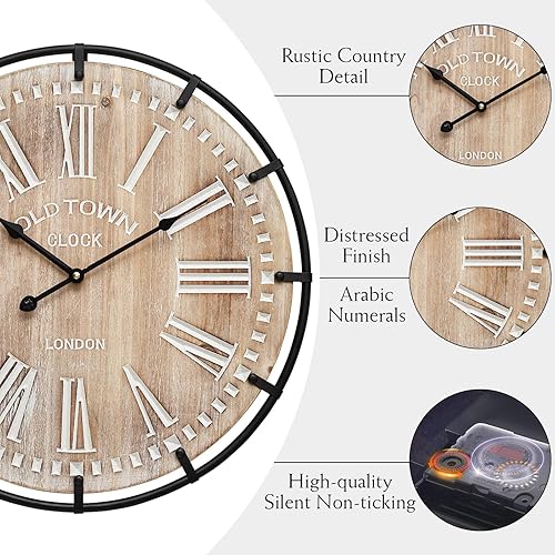 Miniatura 5 de Reloj de pared Grand Farmhouse de 24 pulgadas, diseño de madera y metal inspirado en la vendimia con grandes números grabados, reloj silencioso