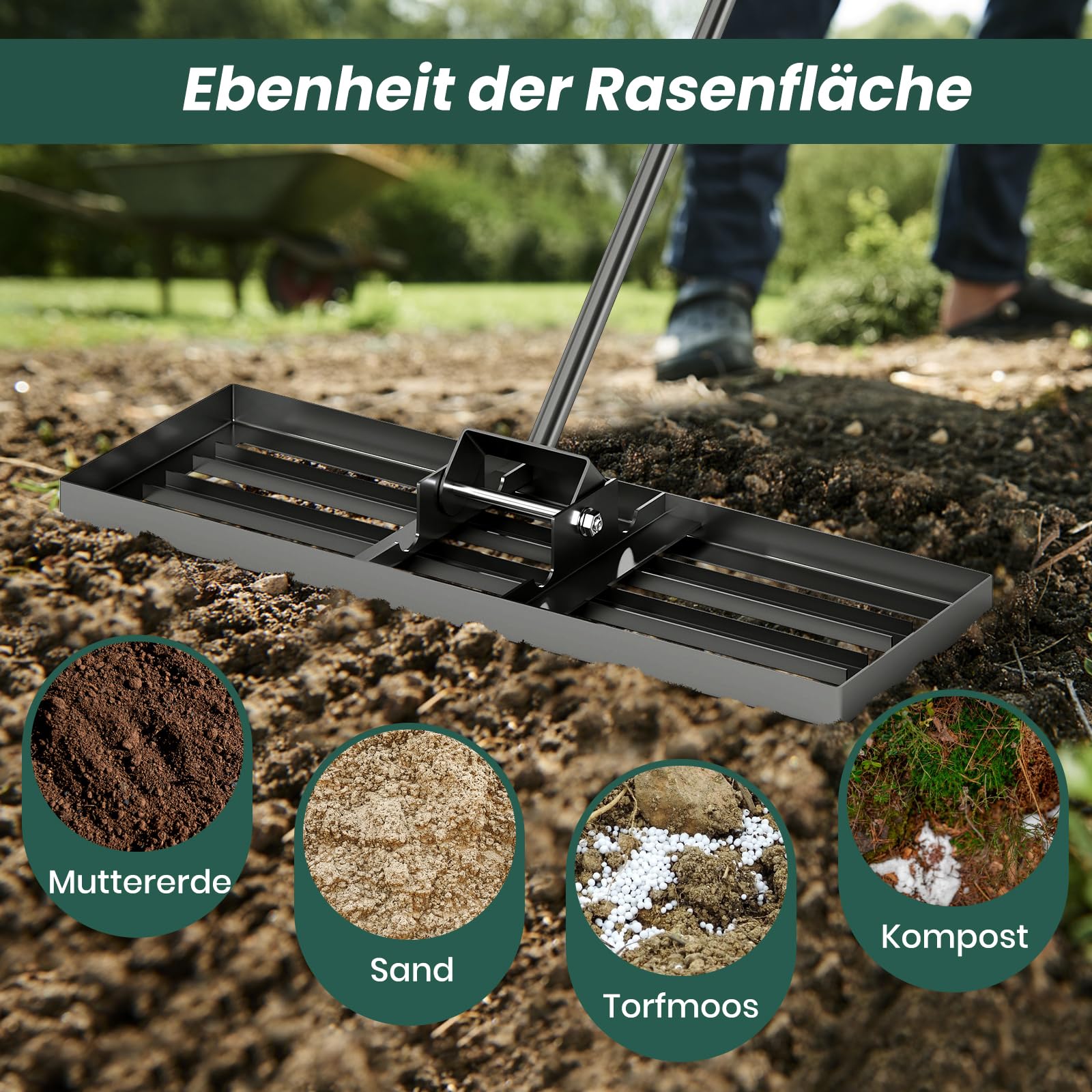 RELAX4LIFE Rasen Nivellierrechen, 75 x 25 cm, Rasenrechen Metall, Rechen Garten mit 170 cm Stiel, Levelingrake Flächenebner zum Rasen Sand, Lawn Leveling Rake für Garten, Hof, Golfplatz, Schwarz