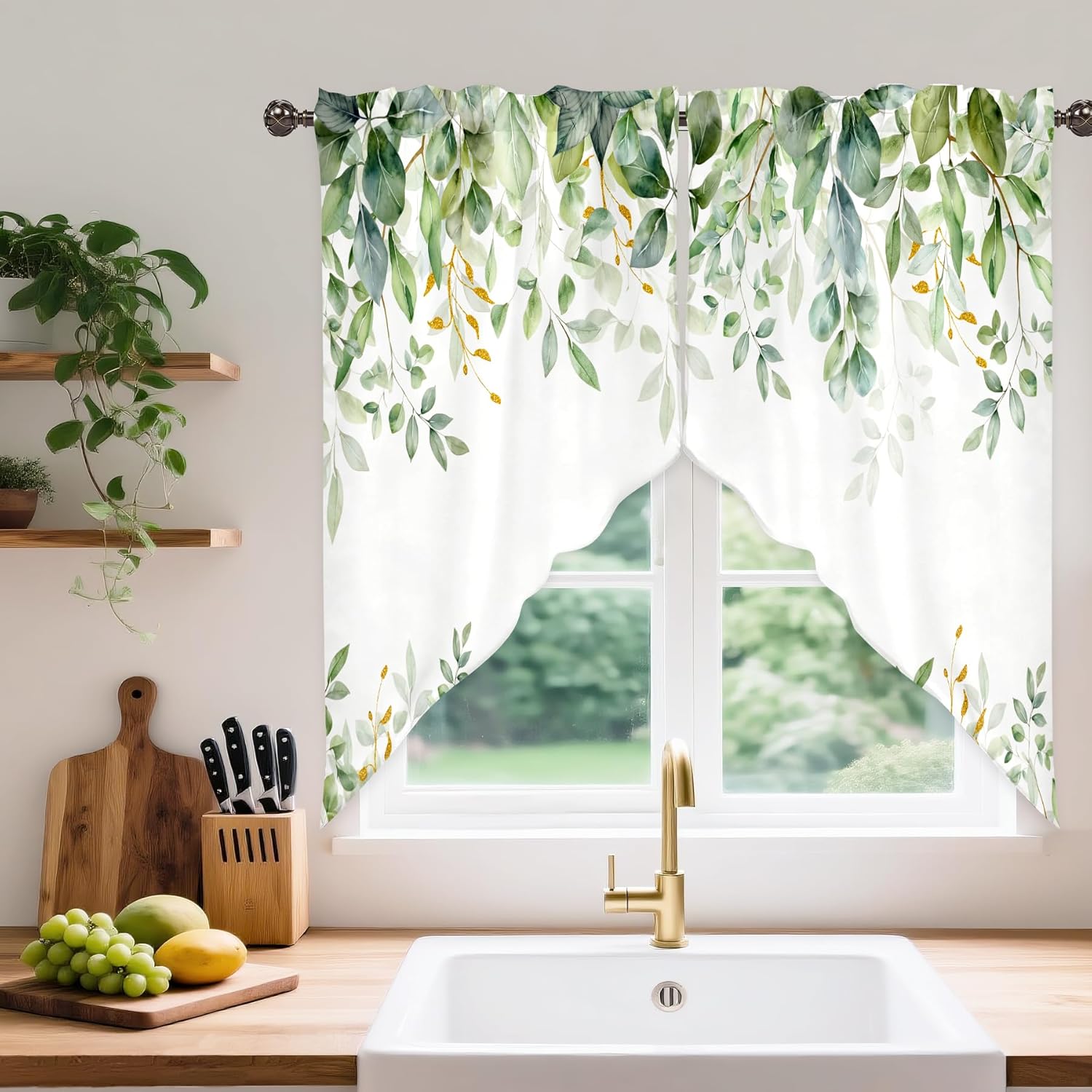 Green Eucalyptus Leaves Valance for Windows,Window Treatment Curtains Rod Pocket Sheer Small Short Valance for Kitchen Bathroom Laundry Basement,54Wx18L inch,Boho Watercolor