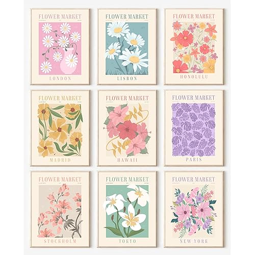 Flower Market Posters Set of 9, Minimalist Flower Market Wall Art Prints, Vintage Flower Pictures Wall Decor, Abstract Canvas Colorful Floral Painting for Living Room,Bedroom,Dorm,