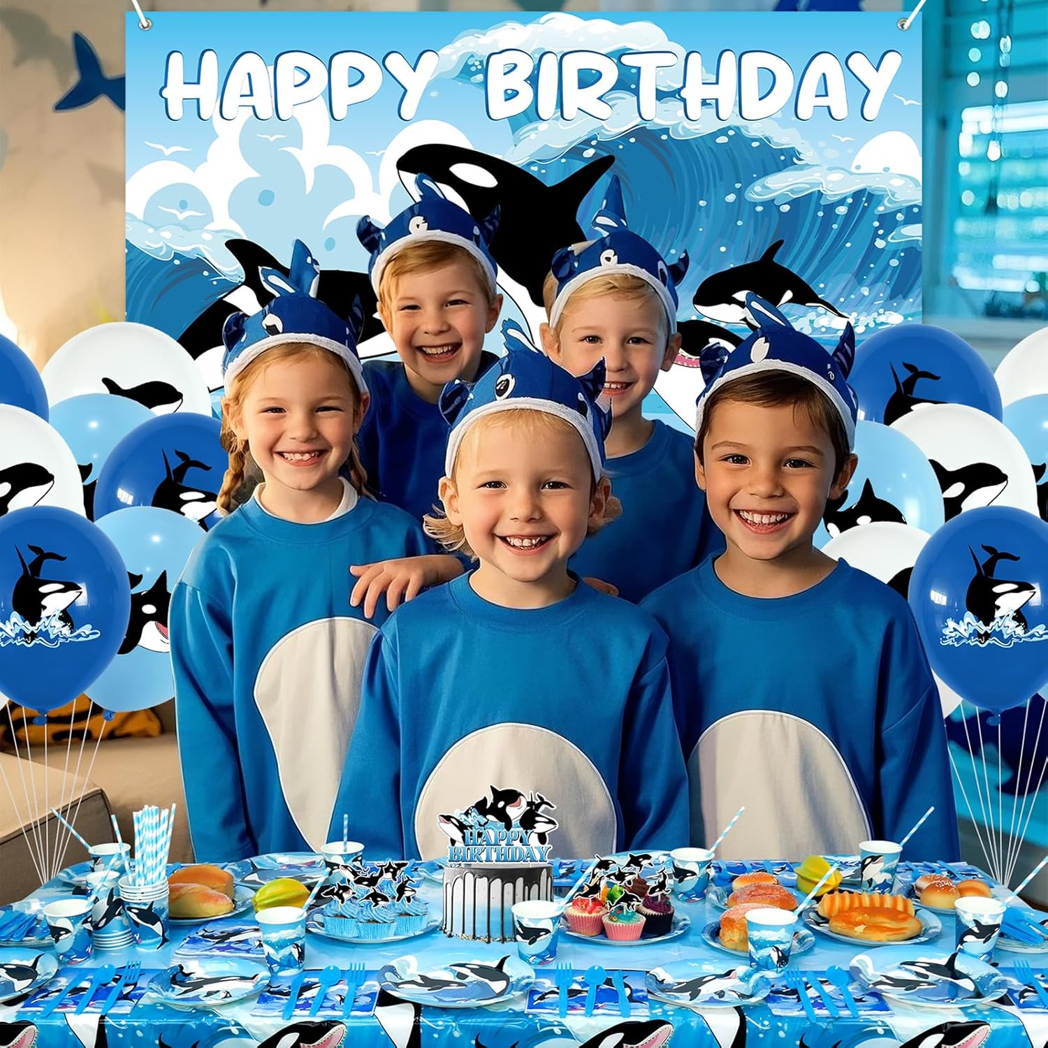 Orca Party Decorations, Orca Happy Birthday Backdrop, Cake Toppers, Tableware, Tablecloth and Balloons for Blue Ocean Under The Sea Party Decorations, Serves 20