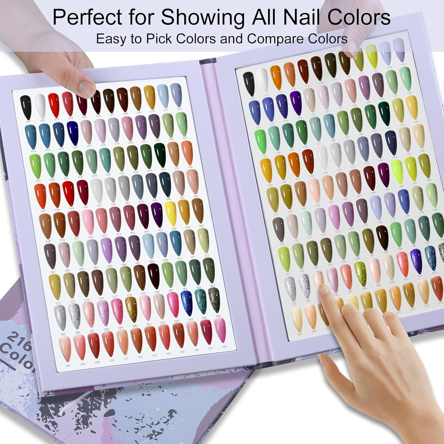 216 Nail Colors Book,Nail Color Display Book with 240 Nail Tips & 1-300 Number Labels,Professional Nail Color Swatches Book for Nail Polish Nails Art Design(Purple)