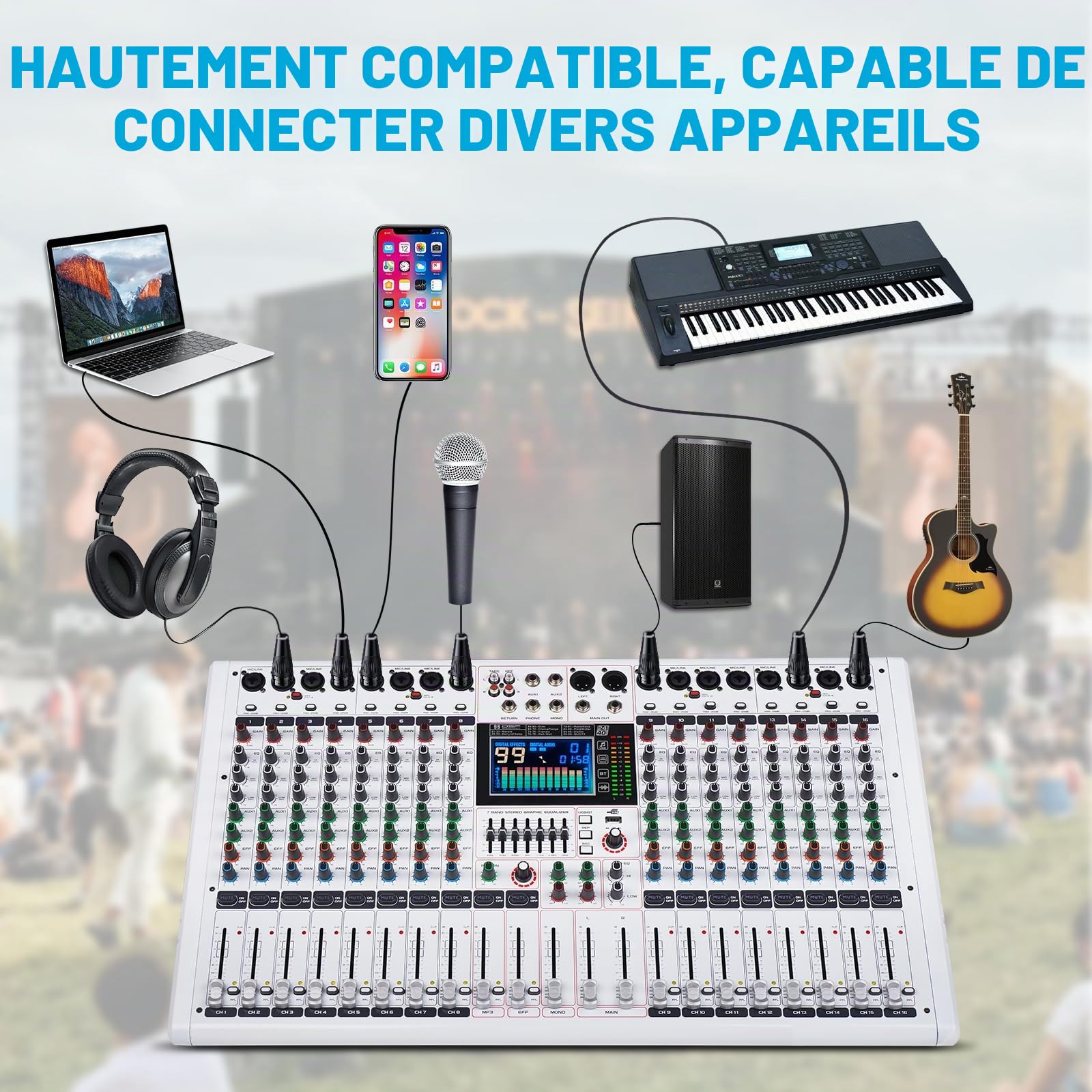 GF12 Console de mixage multifonctionnelle à 12 canaux avec grand écran LCD couleur pour performance sur scène, isolation, mute indépendant, égaliseur à 7 niveaux et 99 effets de réverbération