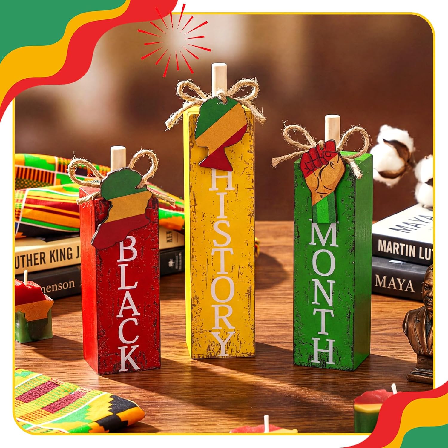 MiniInflat 3 Pcs Black History Month Table Decor African Tiered Tray Decor Red Yellow and Green Block Sign Rustic Farmhouse Wooden Tabletop Centerpieces for Home Office Kitchen Shelf Decorations