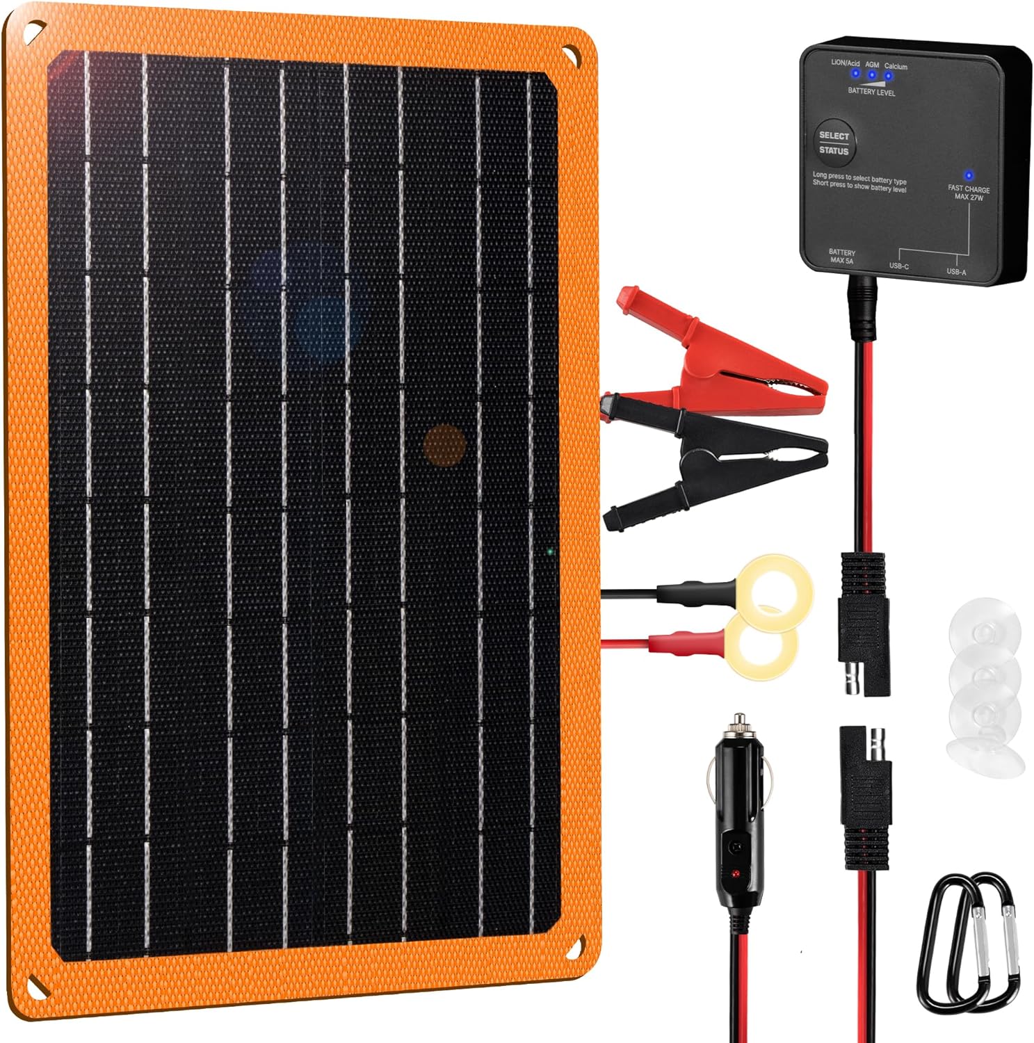 FieryRed 10W 12V Solar Panel Car Battery Charger & Maintainer, Waterproof Trickle Charger with Built-in Controller, Cig Plug, Alligator Clips, USB-C, USB-A Outputs for Car, Boat, RV, Tractor