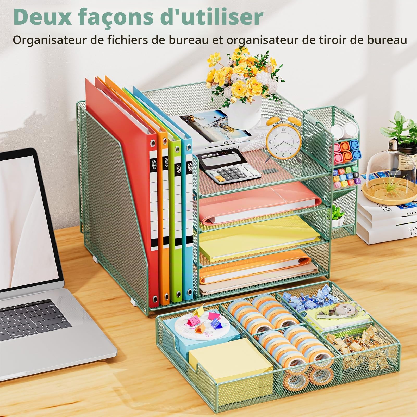 Marbrasse Organiseur de Bureau,4 Niveaux Plateau à Courrier avec 1 Porte-stylo Suspendu et 6 Tiroirs de Séparation,Organiseur de Magazines pour Bureau à Domicile(Vert)
