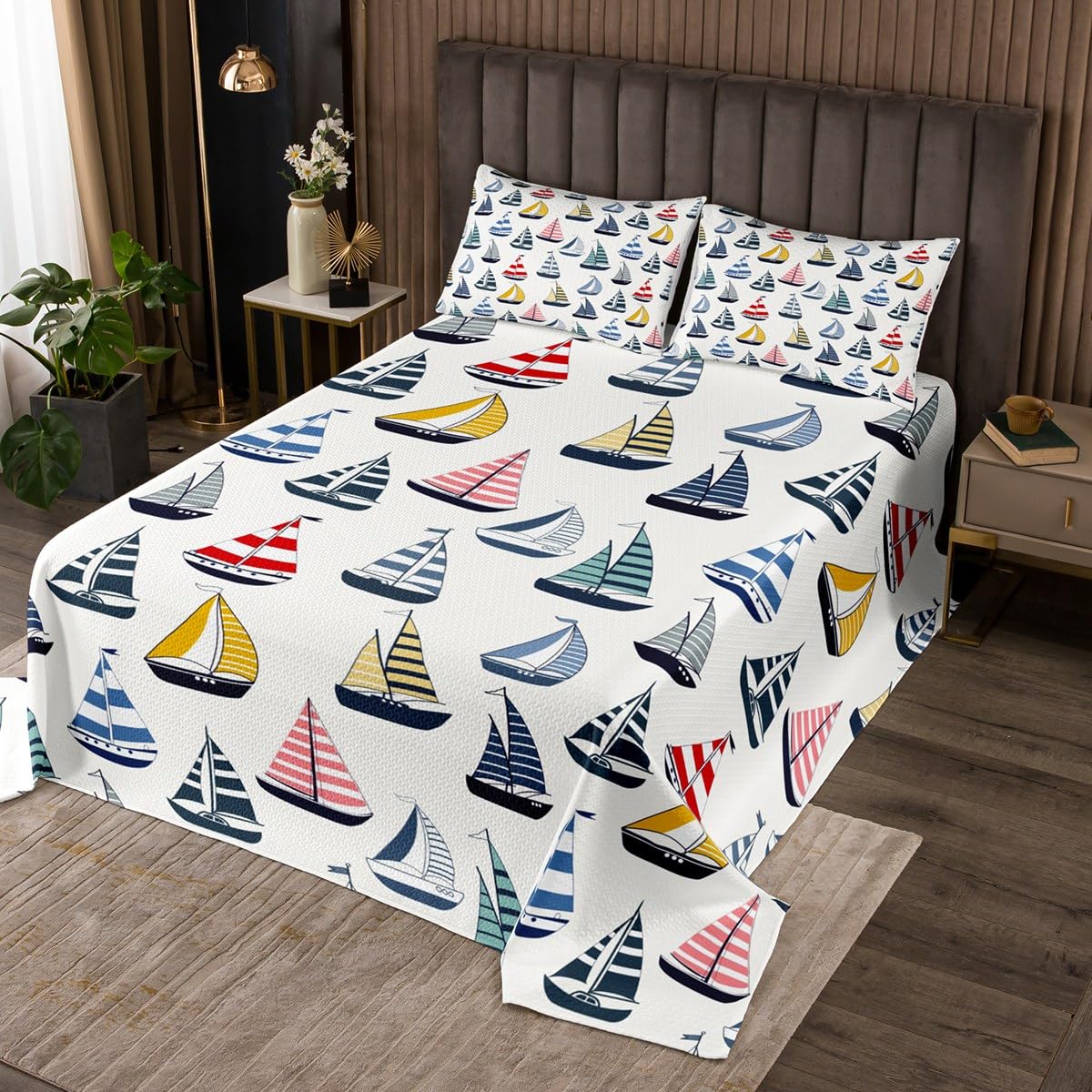 Sailing Boat Bedspread Twin Size Bedding for Kids Teens Bedroom Ocean Sea Sailing Theme Decor Coverlet Set Nautical Coastal Style Quilt Set for All Season,2 Pcs with 1 Pillowcase