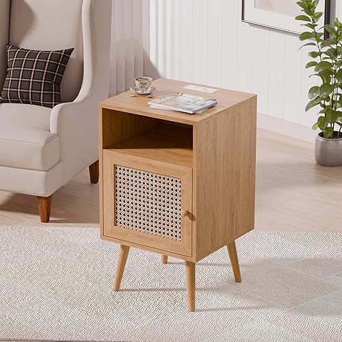 Miniatura 16 de Xilingol Moderna mesita de noche de ratán con estación de carga, mesa auxiliar bohemia con puerta decorada de ratán hecha a mano, mesita de noche de