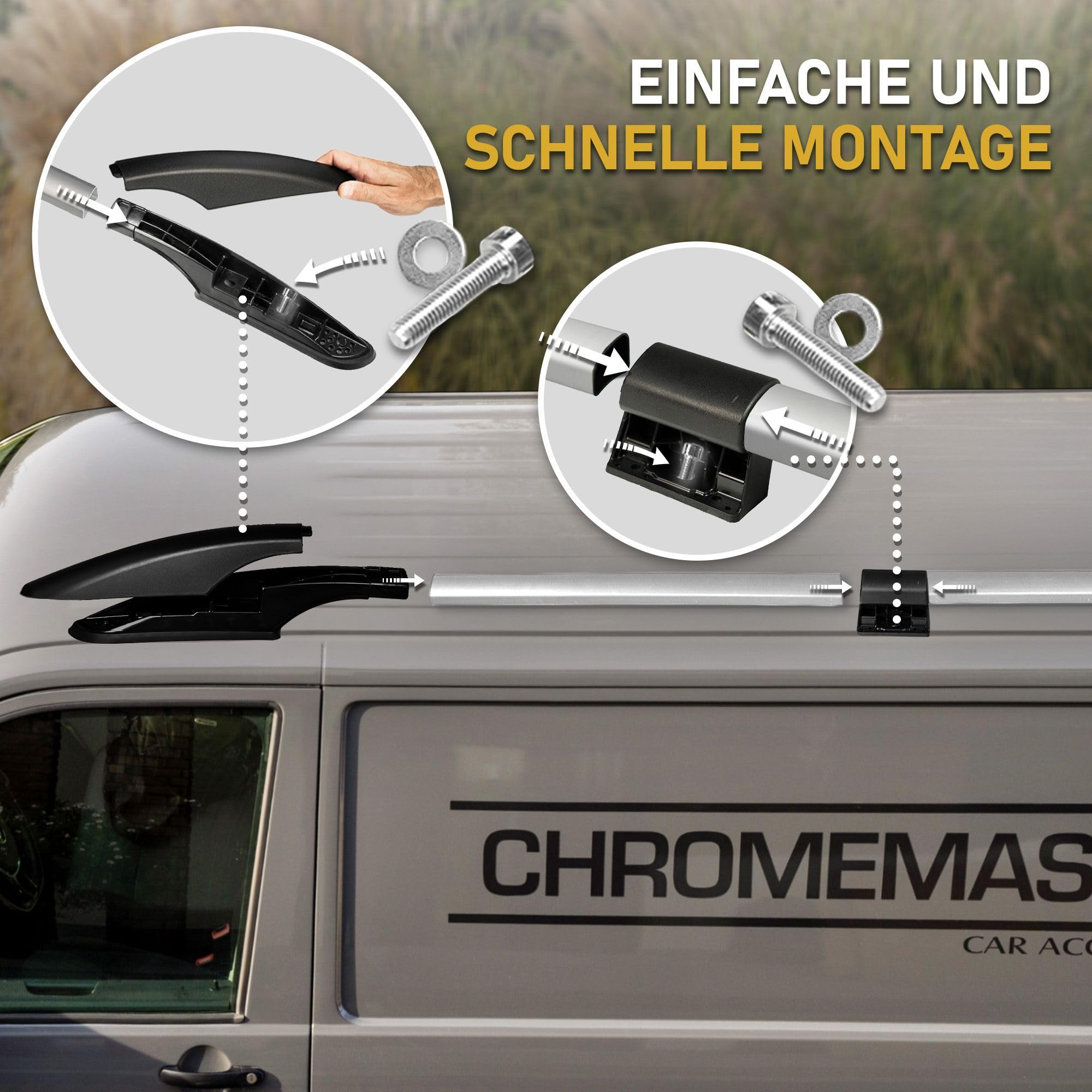 CHROMEMASTER | Dachrelinge Dachträger Kompatibel mit Ford Tourneo Custom L2 LANG 2012-2023; Geeignet zur Montage von Dachträgern, Dachboxen und Fahrradträgern | Einfache und Schnelle Montage | Alu