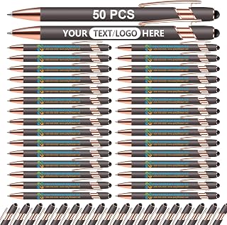 50 Pack Personalized Pens with Stylus - Custom Pens Imprinted with Your Logo or Message - Ideal Gift for Office, Teachers, and Students - Black Ink, Grey