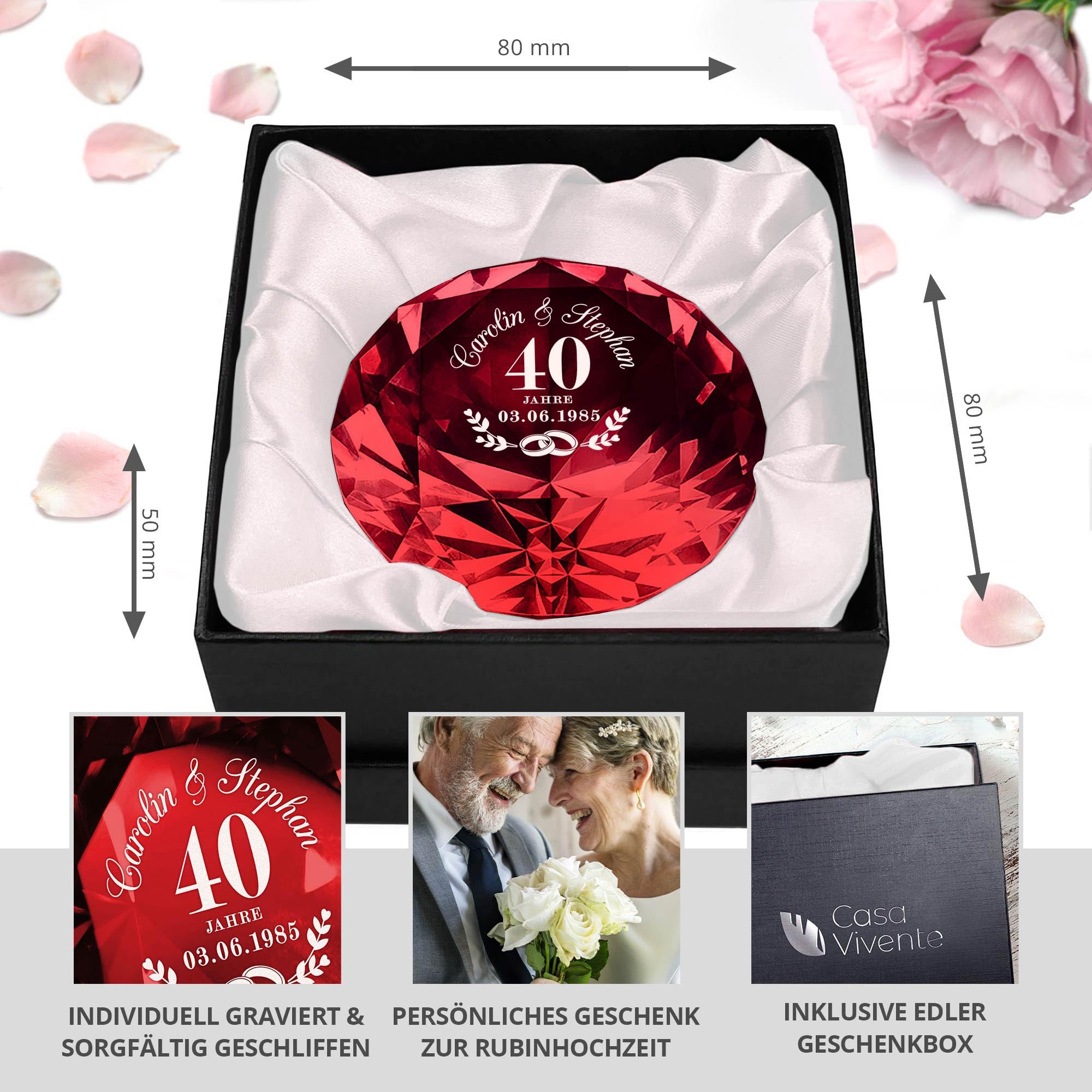 Casa Vivente Glas Kristall zur Rubinhochzeit, Diamant mit Gravur, Personalisiertes Hochzeitstag Geschenk, Kristall Deko Geschenk zum 40. Hochzeitstag, Geschenke für Paare