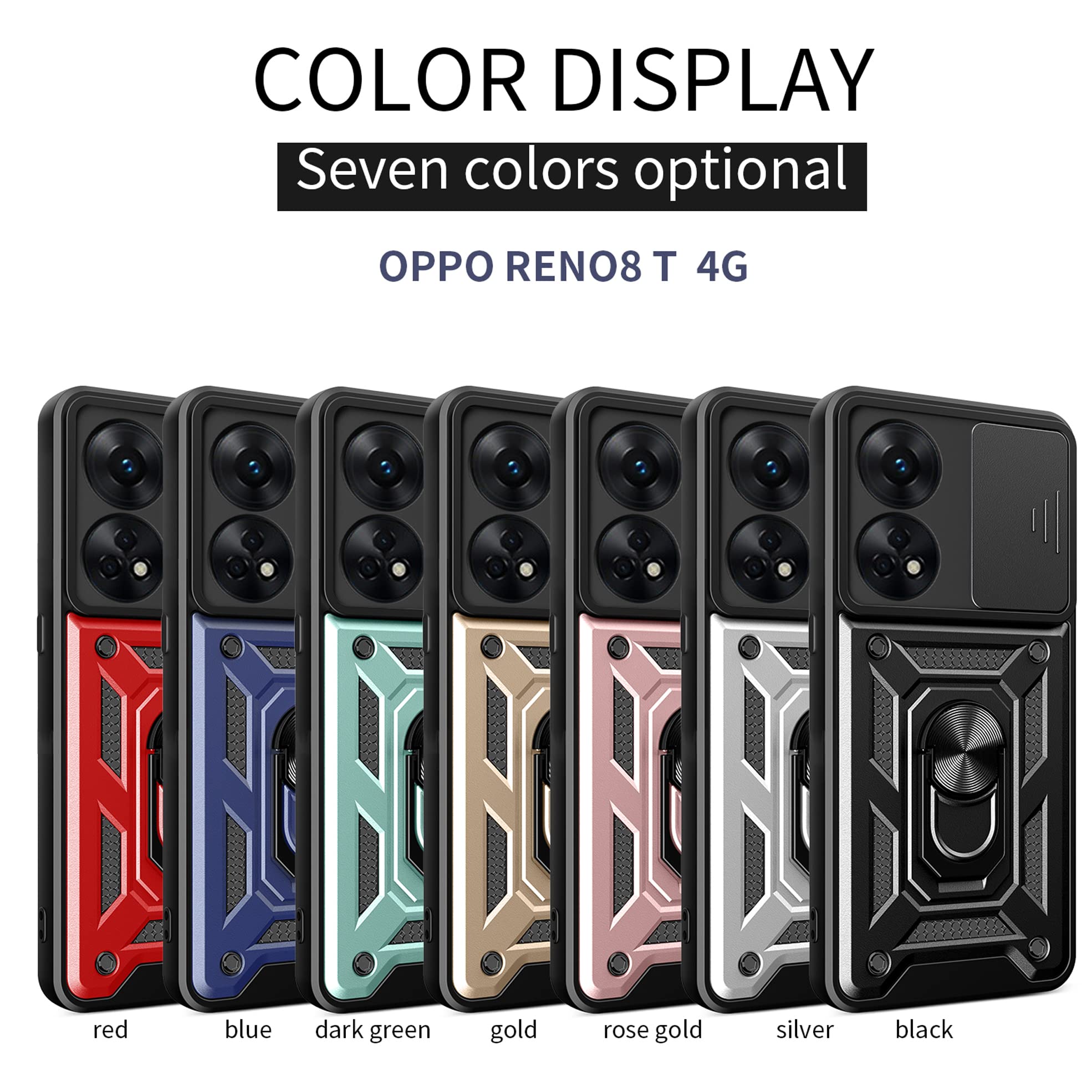 Custodia Per Oppo Reno8 T 4G Con Protezione Fotocamera Scorrevole E Anello Porta - Cover Anti-Caduta Blu Con Supporto Magnetico