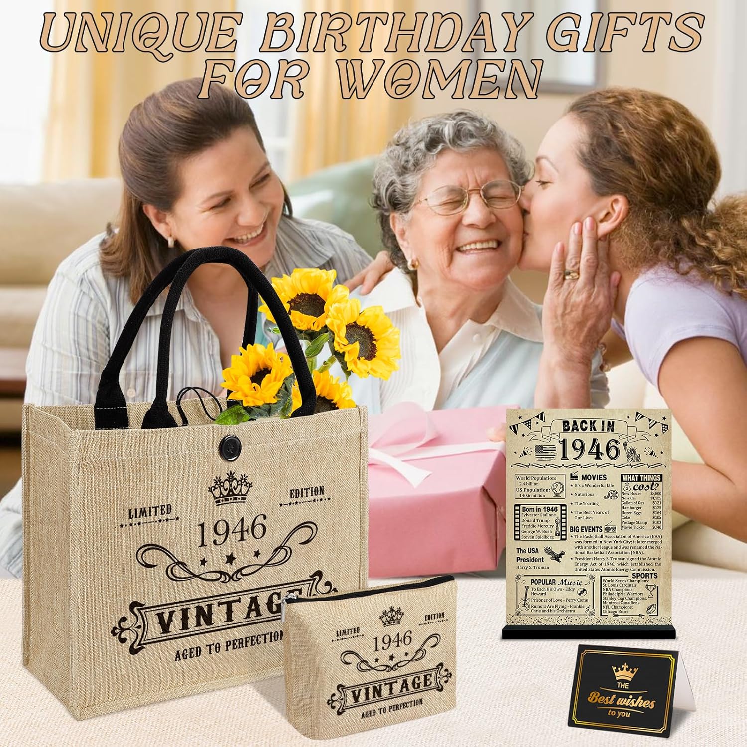 YeohJoy 80th Birthday Gifts for Women Reusable Grocery Bag, Unique 80 Years Old Gifts for Mom Wife Grandma Friends Sister Her, Vintage 1946 Bag & Cosmetic Bag & Back in 1946 Poster - Image 7