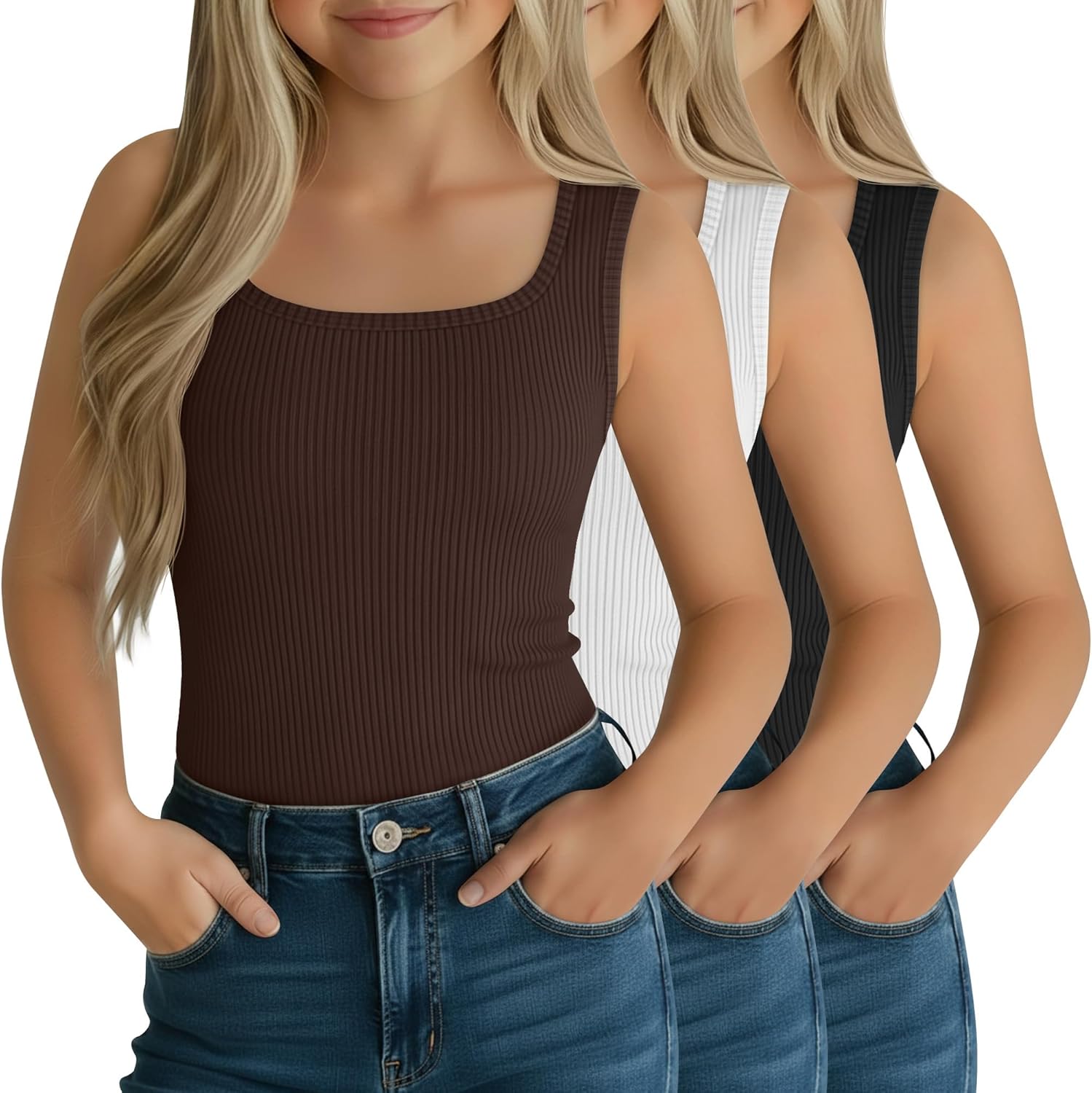 3 Pack Girls Tank Tops Slim Fit Ribbed Knit Camisole Square Neck Sleeveless Undershirts Summer Basic Tanks