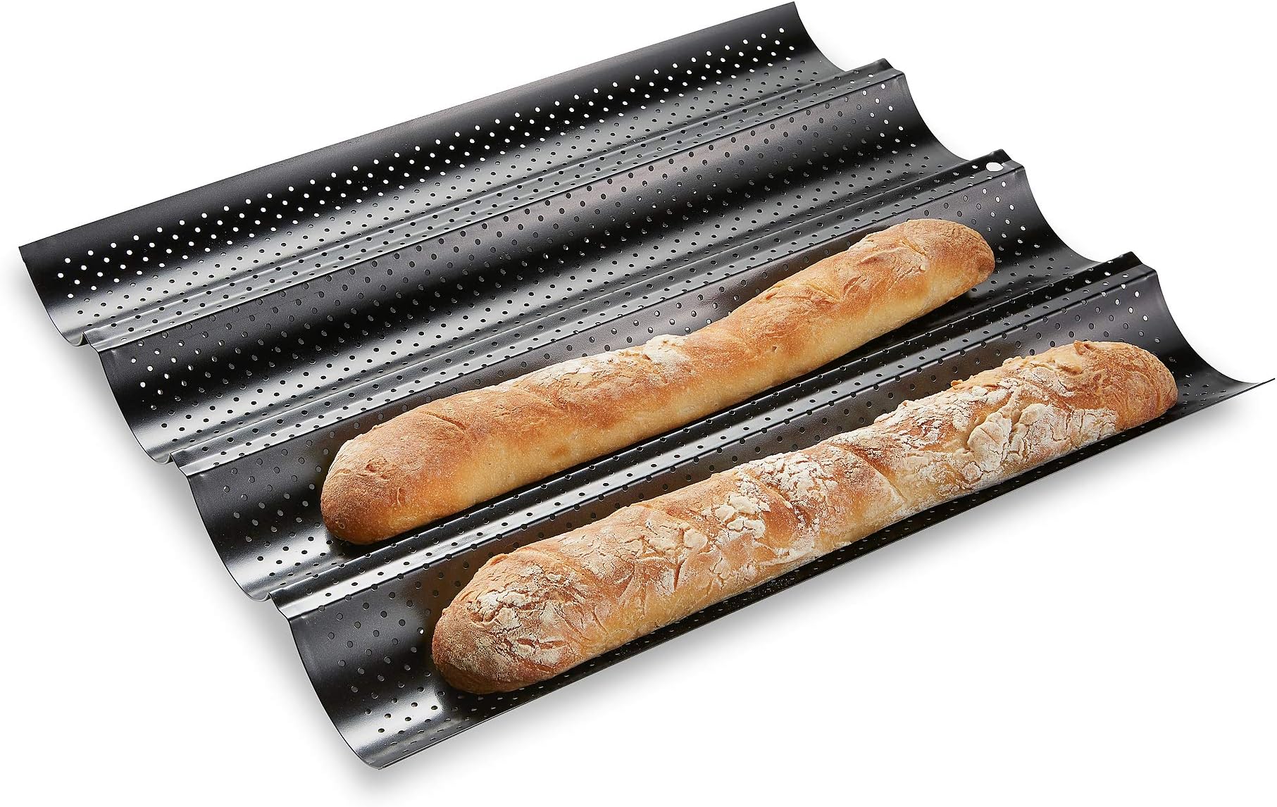 French Bread Baking Pan , Premium Metallic Carbon Steel Baguette Nonstick Tray Baker Board, Perforated Italian Sub Long Roll, Baggette Sourdough Loaf Professional Kitchen, Bakers Dough Making Mold