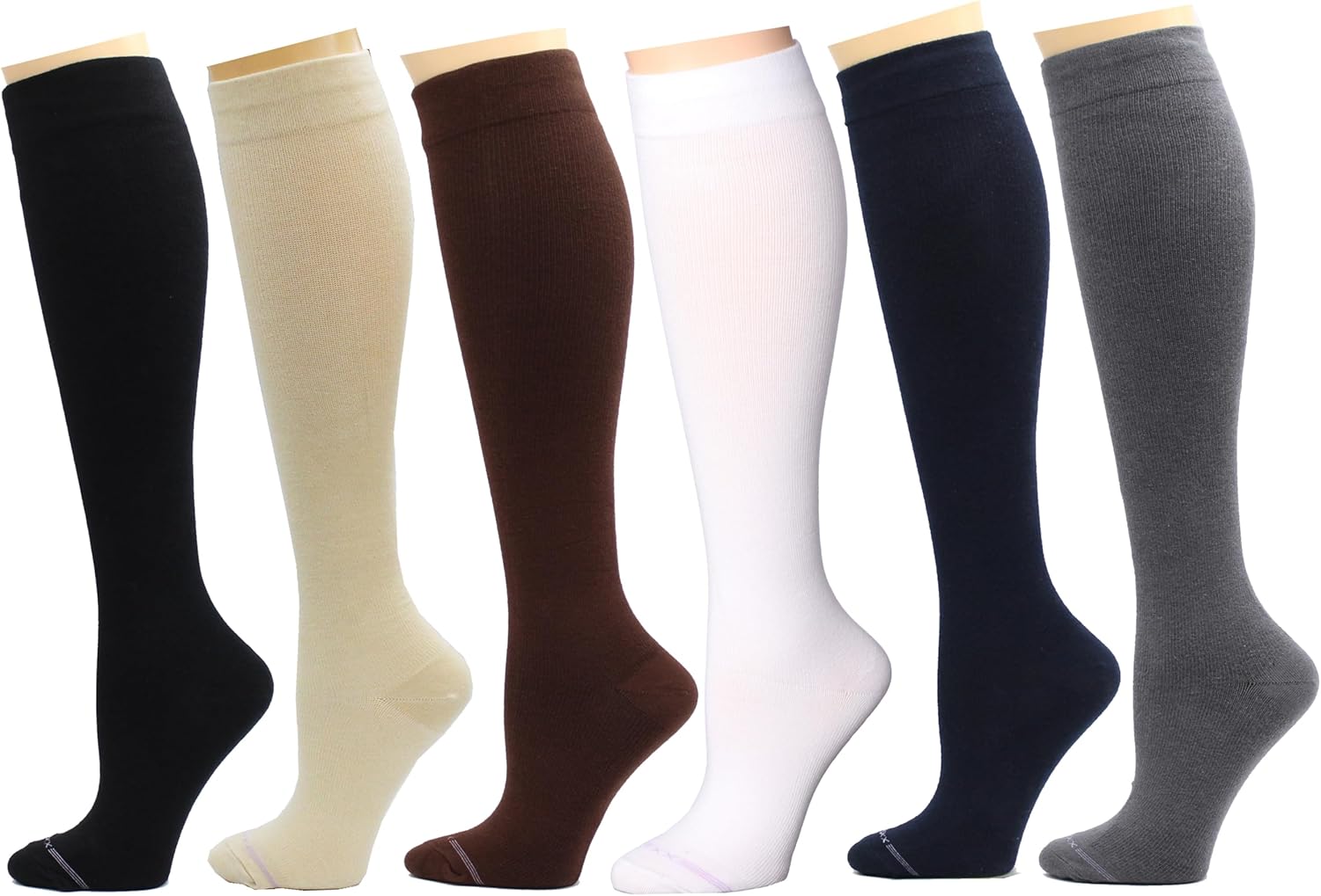 REXX 6 Pairs Women's Knee-high Graduated Support Anti-Fatigue 8-15mmHg Combed Cotton Compression Socks