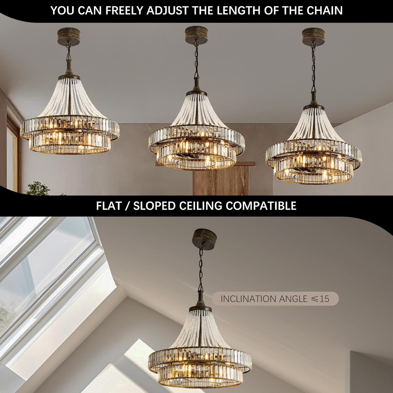 24" Modern Crystal Caged Fandelier, Smart Chandelier Fan with Remote and APP Control, Double Layer Ceiling Fan with Light for Dining Living Room Bedroom, Italian Design-Black Gold