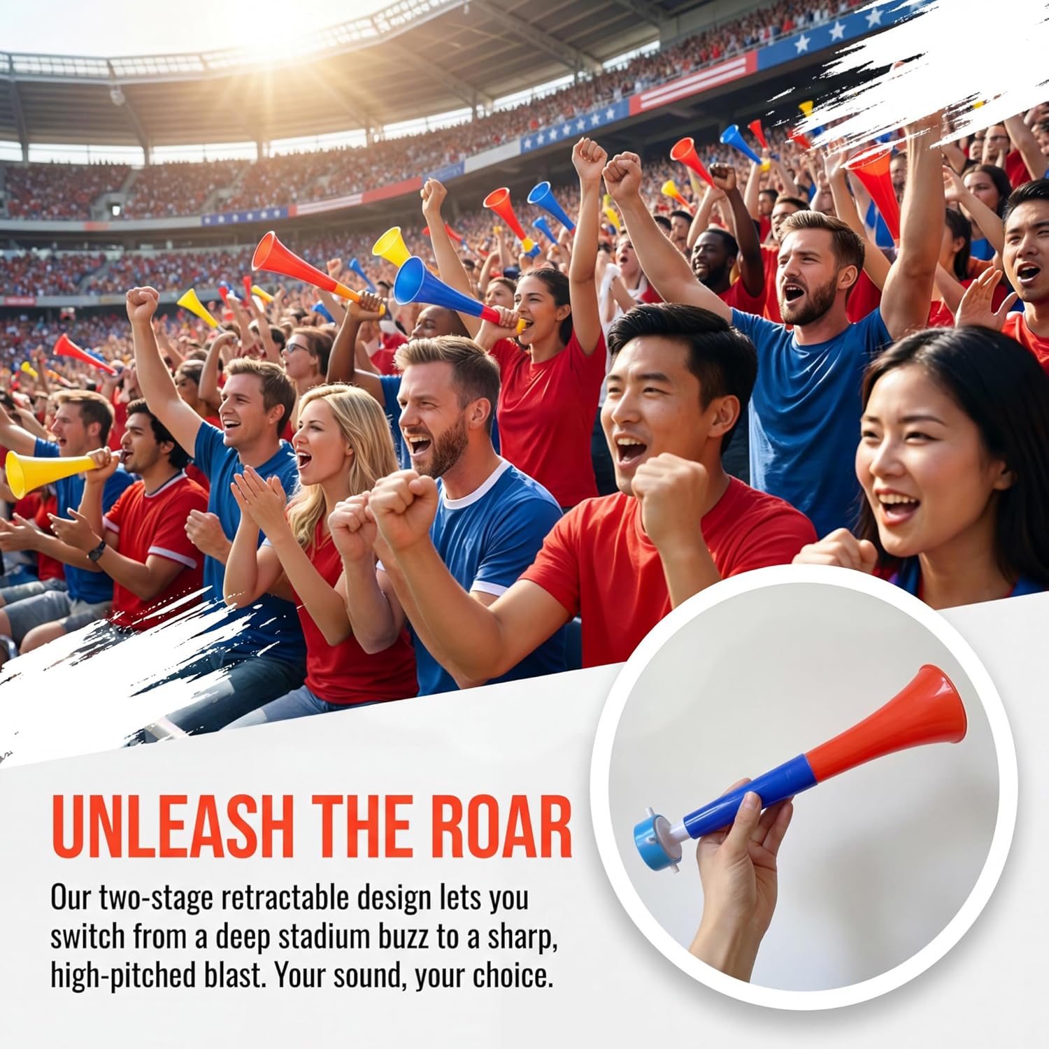 6-Pack Extendable Stadium Horns Vuvuzela, 11IN Large Loud Cheering Noise Maker for Fans, Plastic Blow Horn for Tailgate Party Supplies & Game Day Outdoor Accessories