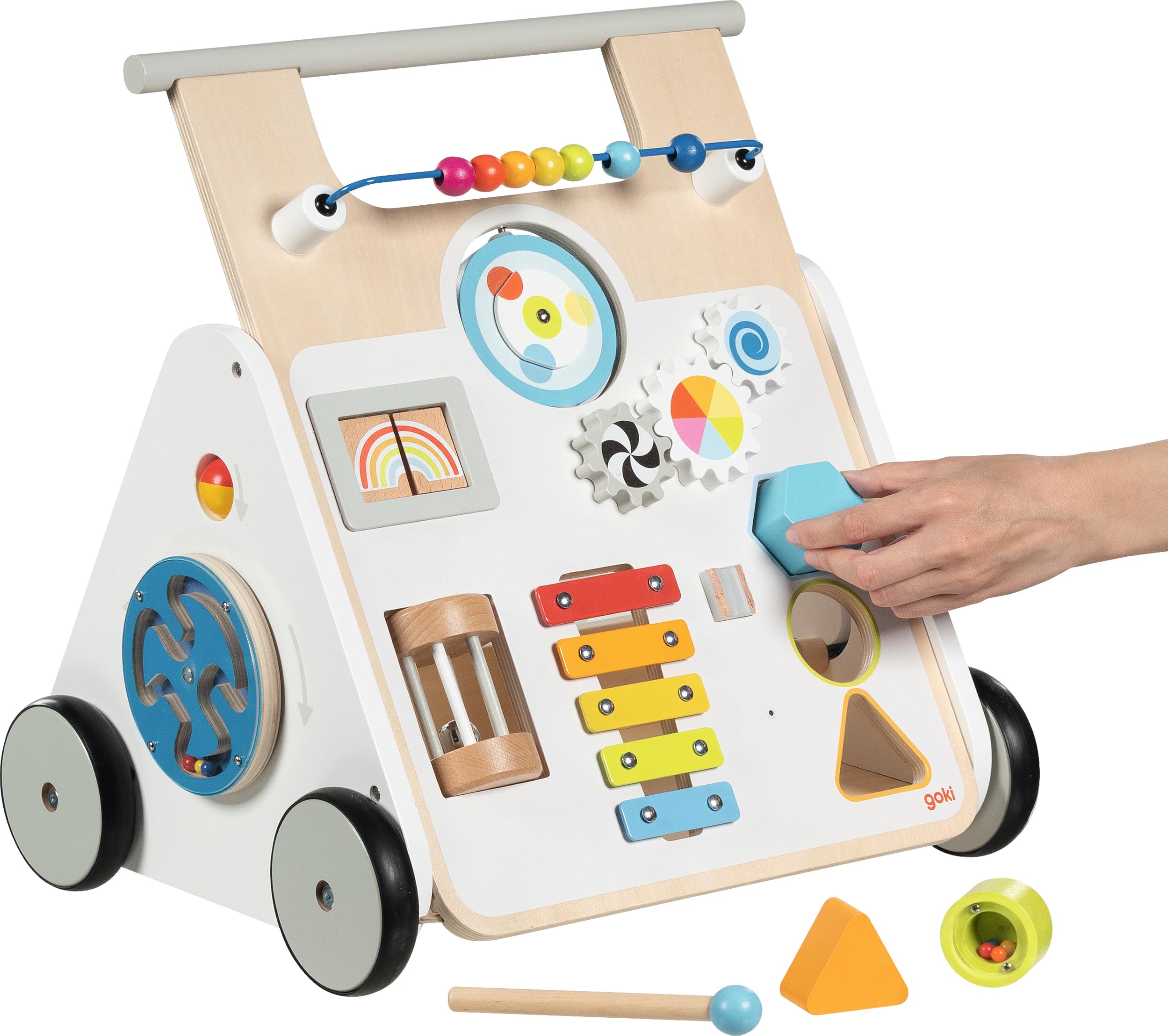 goki 59961 - Lauflernwagen KiddyCruiser aus Holz, Multifunktionale Lauflernhilfe mit Kugellabyrinth, Xylophon, Spiegel, Sortierbox, Drehpuzzle, Bremse und vieles mehr, 33cm x 41cm x 44cm, ab 1 Jahr