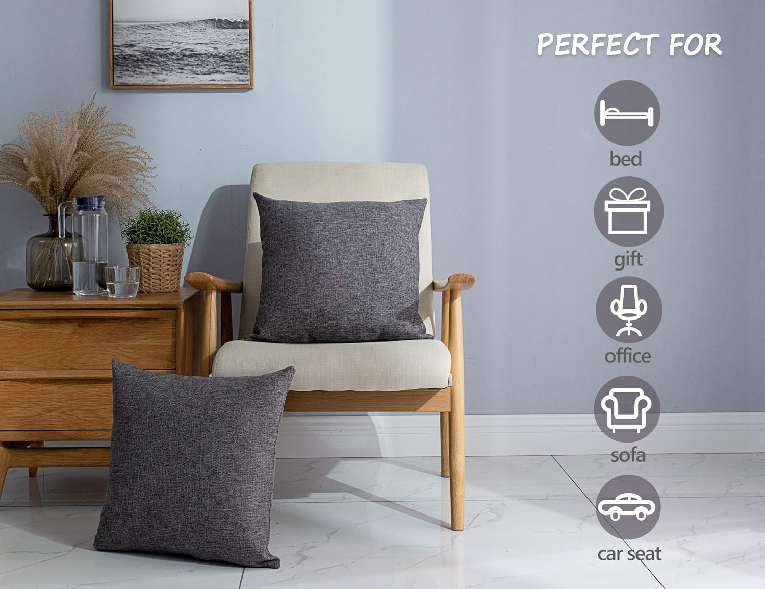 Stellhome Burlap Throw Pillow Covers Solid Farmhouse Linen Pillowcase for Bed Couch Sofa Bench, Set of 2, 24 x 24 inch (60 x 60 cm), Dark Grey