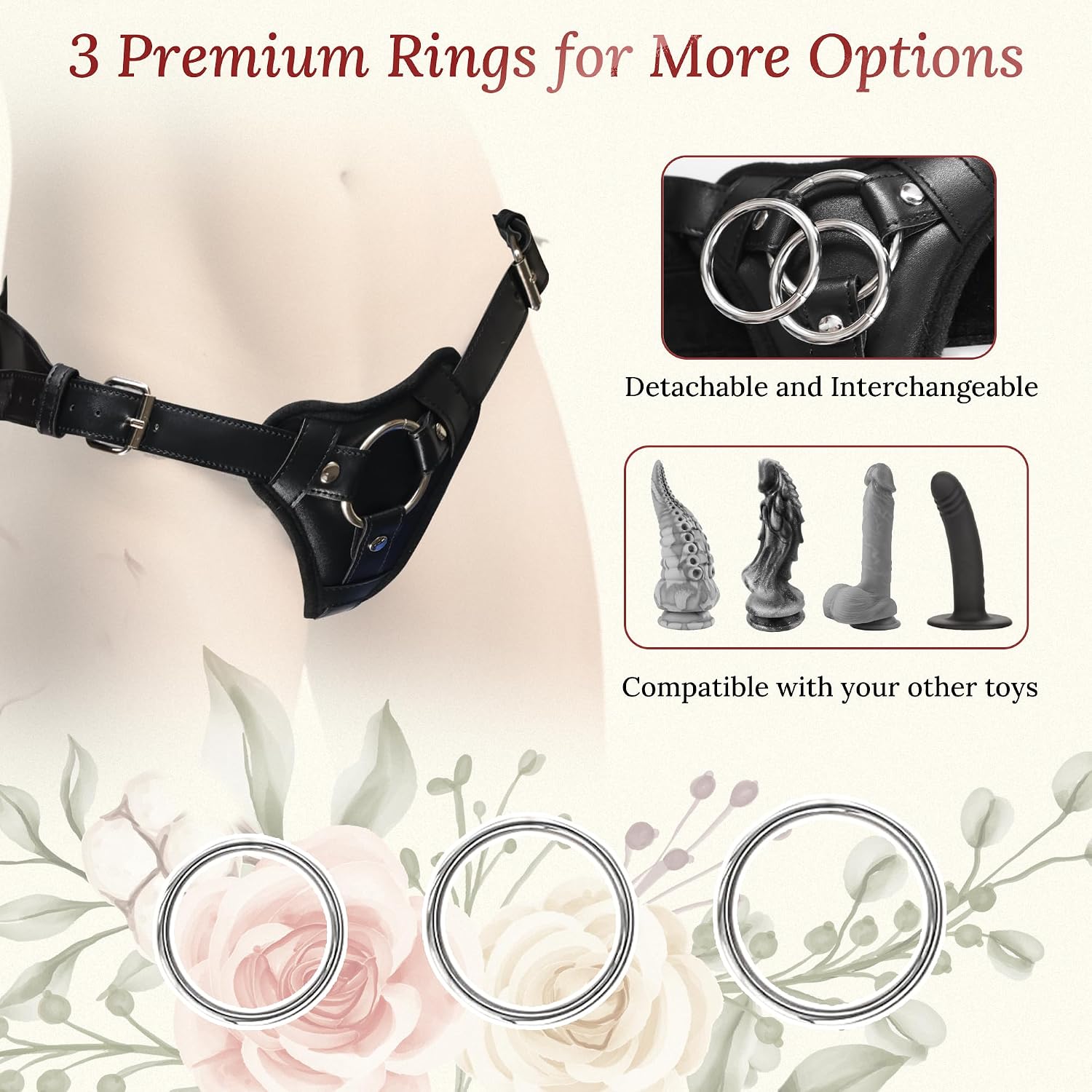 Strap On Harness Adult Sex Toys for Women and Men, Adjustable Plus Size Strapon Dildos Harness, Leather and Comfortable Plush Lining with Three Metal Rings, for Lesbian Gay Couples Pegging Dildo Play