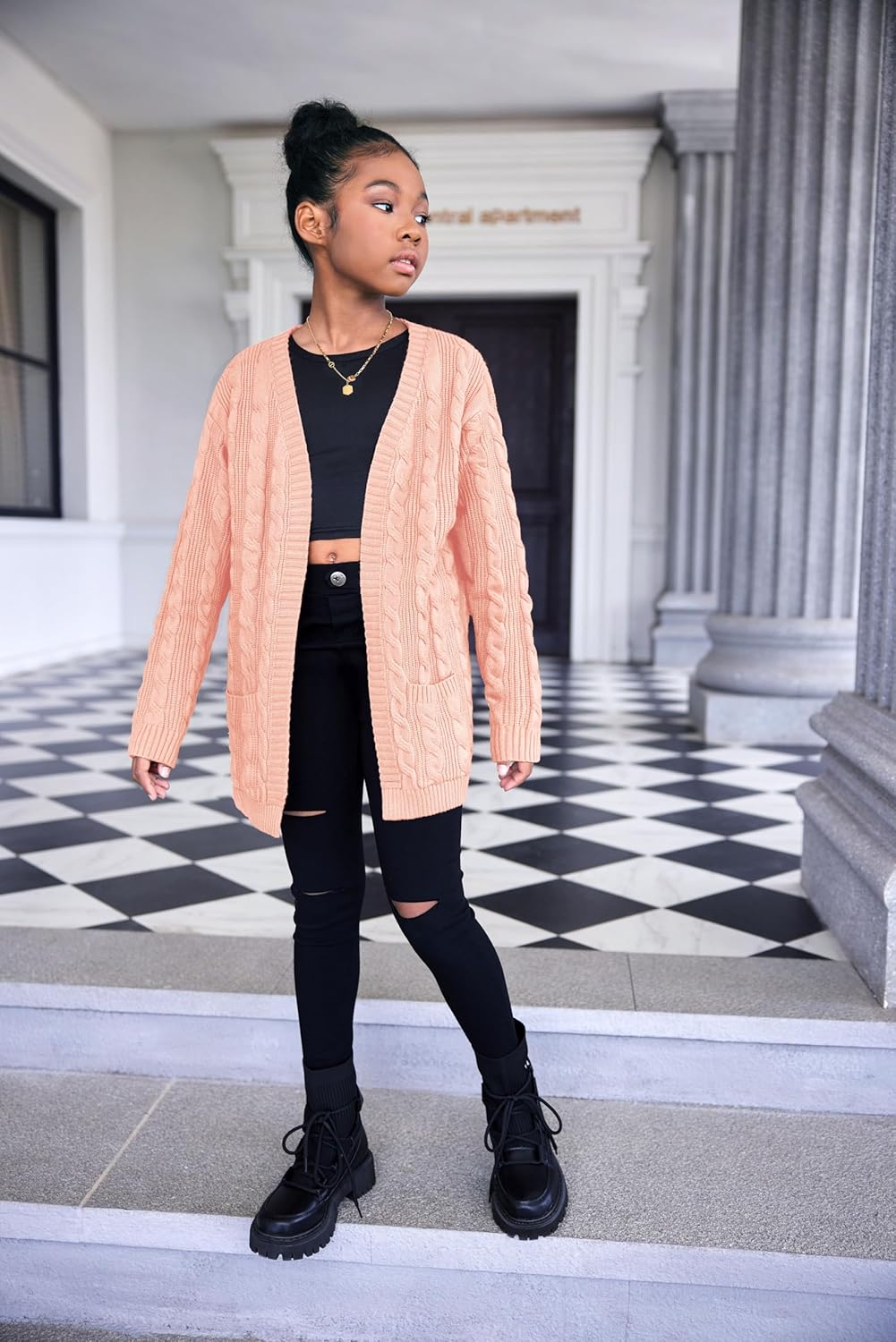 Arshiner Girls Open Front Cardigan Long Sleeve Casual Kids Fall Clothes Solid Thick Chunky Sweater Coat with Pockets - Image 3