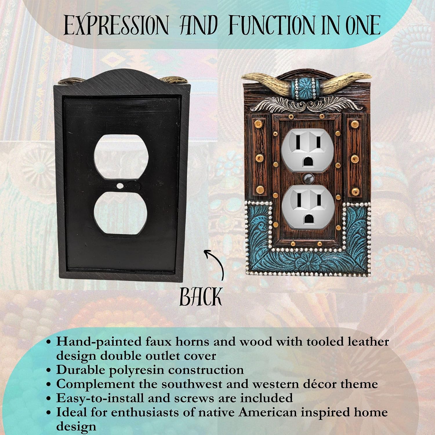 BestGiftEver American Western Home Decor Outlet Cover - Faux Horns and Tooled Leather-inspired Double Outlet Plate Cover- Southwestern Native Indian Wall Plate - Western Style Electrical Outlet Decor