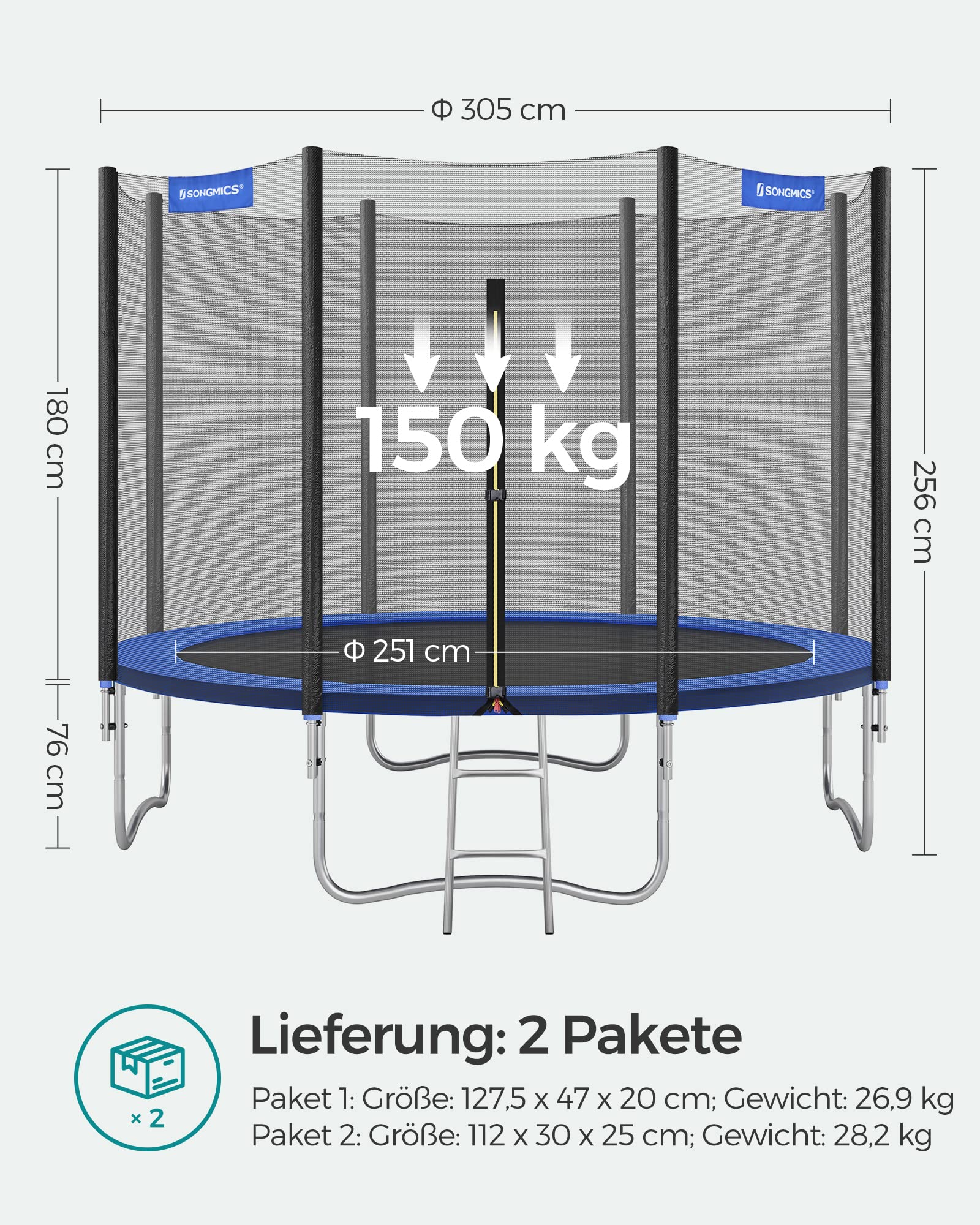 SONGMICS Trampolin Outdoor Ø 183/244/305/366/427 cm, rundes Gartentrampolin Kindertrampolin mit Randabdeckung, mit Sicherheitsnetz, mit Leiter und gepolsterten Stangen