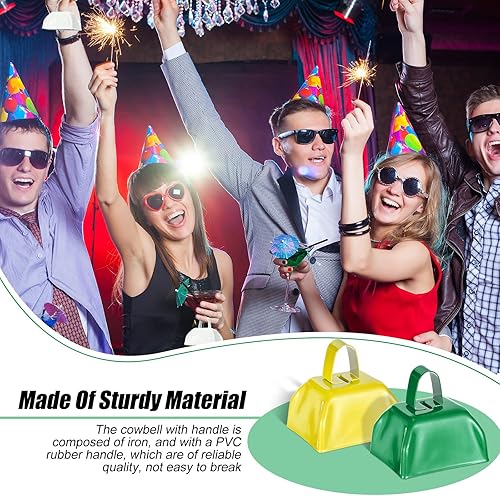 Miniatura 4 de Yeshone 24 cencerros de metal con asa, campanas de vaca que hacen ruido para eventos deportivos, pequeña campana de vaca ruidosa para bodas, juegos