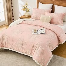 Damask King Comforter Set, Pink White Floral, 100% Cotton