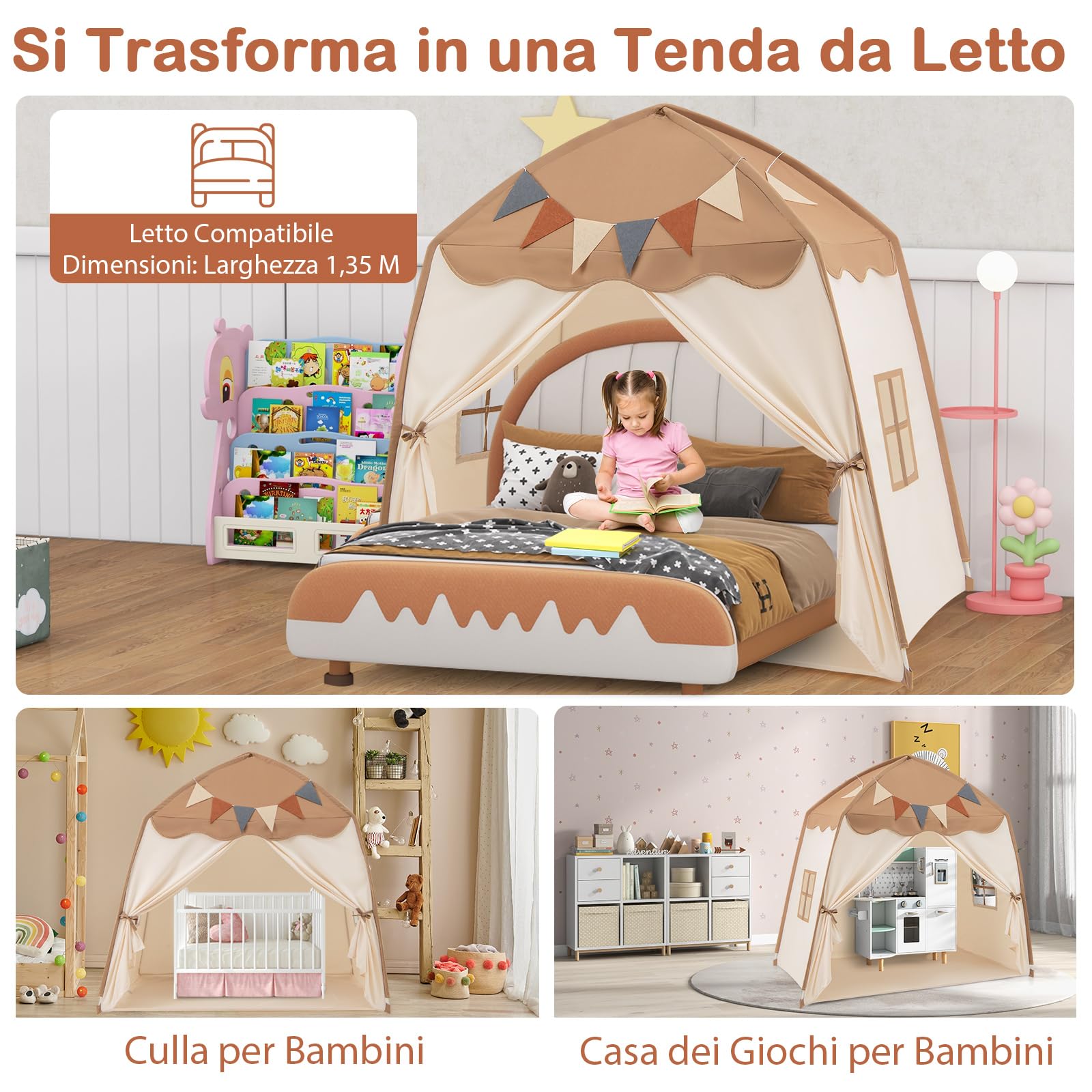 RELAX4LIFE Tenda da Gioco per Bambini fino a 3 Bambini, Tenda Multifunzionale con Luci da 4 m, Bandierine e 2 Finestre Laterali, Tenda Stabile per Giocare e Riposare, 3+Anni (MARRONE)