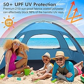 WhiteFang Beach Tent Anti-UV Portable Sun Shade Shelter for 3 Person, Extendable Floor with 3 Ventilating Mesh Windows Plus Carrying Bag, Stakes and Guy Lines (Blue)
