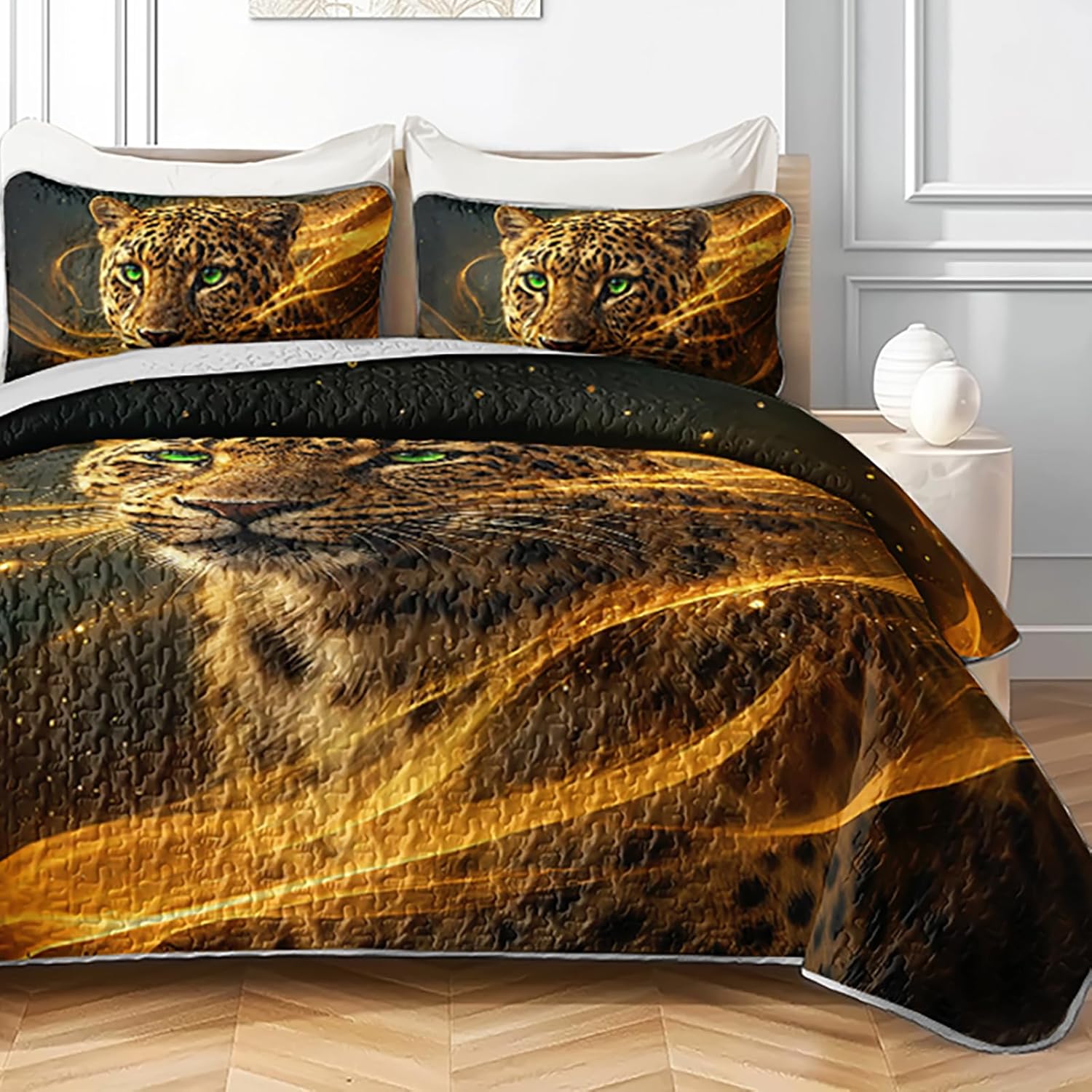AILONEN Golden Leopard Quilt Set - Full Green Eyes Cheetah Bedspread Coverlet for Boys Girls - Wild Animal Themed Quilted Bedding with 2 Pillowcases - 3Pcs