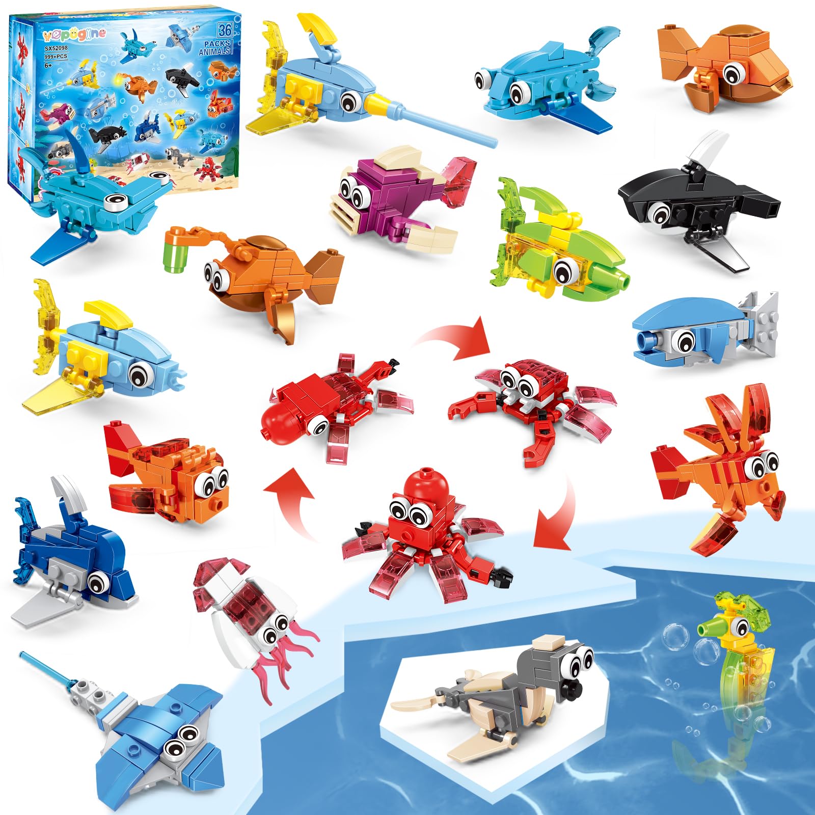VOPOGLNE 36 Packs Marine Animals Building Blocks Toy, Party Favors for Kids, 999PCS Building Set, Classroom Prizes, Goodie Bag Stocking Stuffers, Ideal for Boys and Girls Ages 6-12+