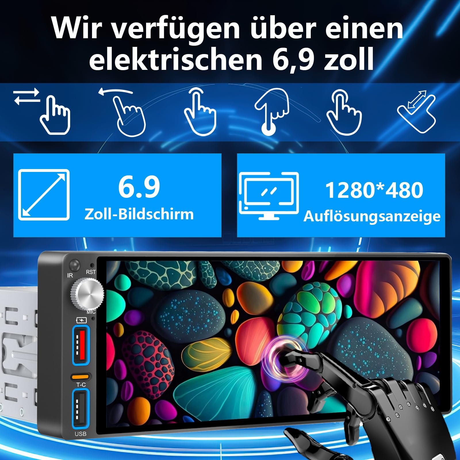 6,9 Zoll 1 Din Autoradio mit drahtlosem CarPlay & Android Auto, Bluetooth, Full-Touch-Autoradio-Display FM, DAB+，Free Rückfahrkamera