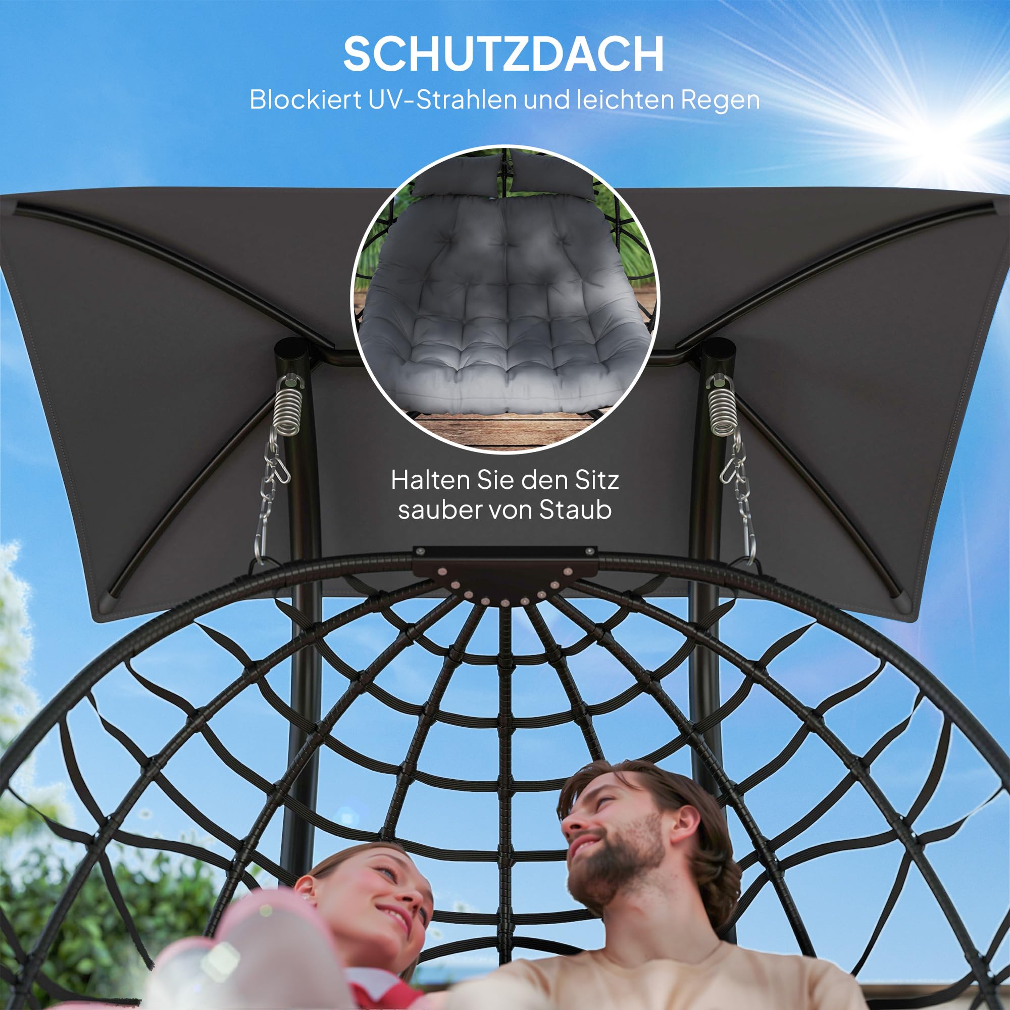 Outsunny Hängesessel mit Gestell faltbar für 2 Personen 260kg Dunkelgrau | Hängekorb mit Kissen, Sonnenschutzdach, Polyrattan Hängestuhl, Outdoor Hängeschaukel, Sessel für Balkon Terrasse