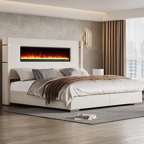 AMERLIFE Modern California King Size Bed Frame with Fireplace, Wingback Platform Bed Frame with 60.4“ Extra Tall Headboard, Corduroy Upholstered Bed Frame Wooden Slats/No Box Spring Needed, Beige