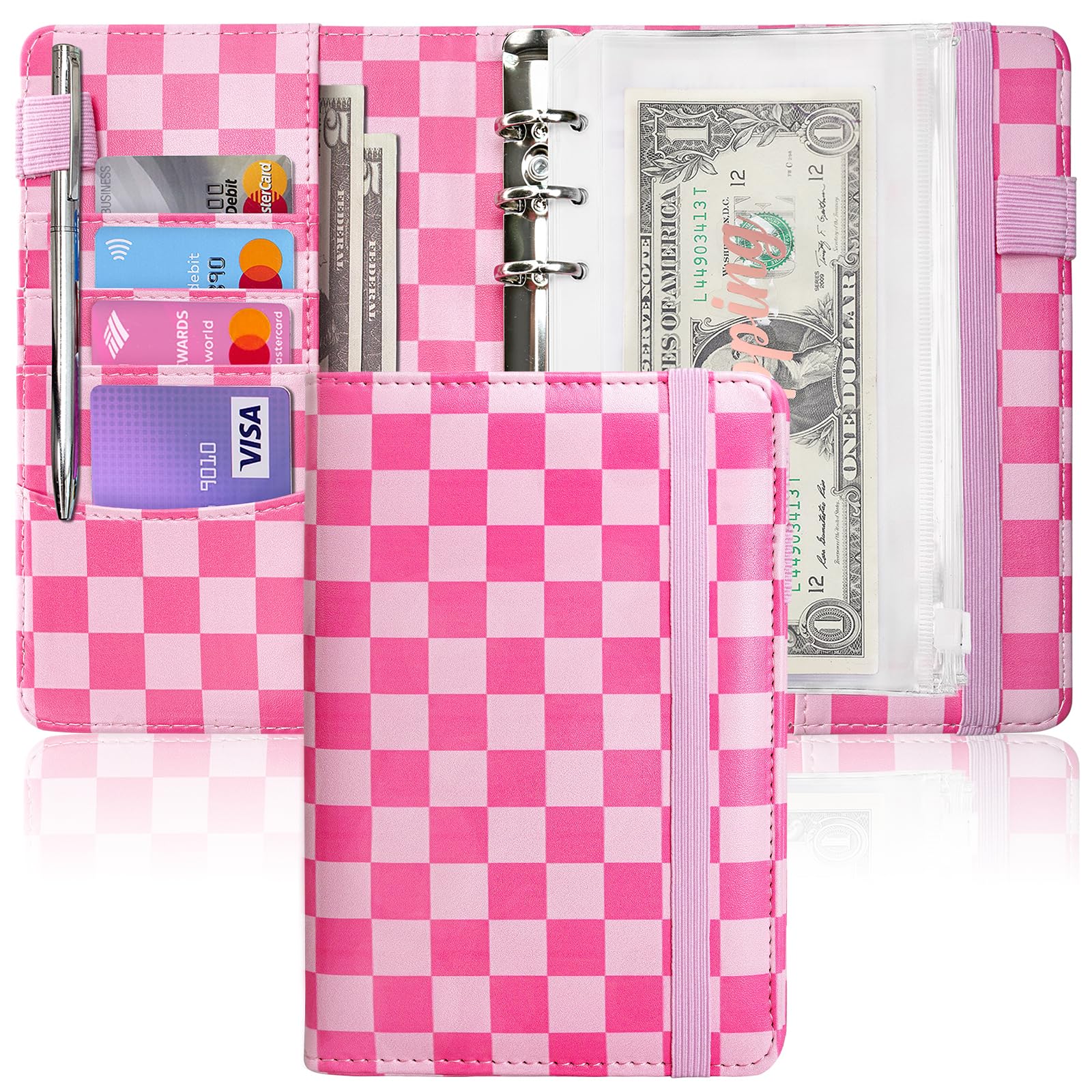 A6 Budget Binder for Money Saving, PU Leather Budget Planner with 8 Cash Envelopes, Budget Sheets &amp; Rose Gold Category Stickers, Money Organizer for Cash (Hot Pink Checkered)