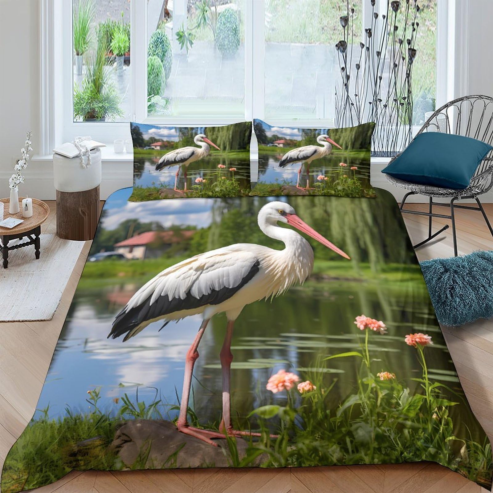 Ctjqhvkz Style-3 3D Printed Lake Reflection Stork Fitted Sheet Microfiber Soft Scenic Water Meadow Bed Cover For Bedroom Guest Room Decor Single（135X200cm）