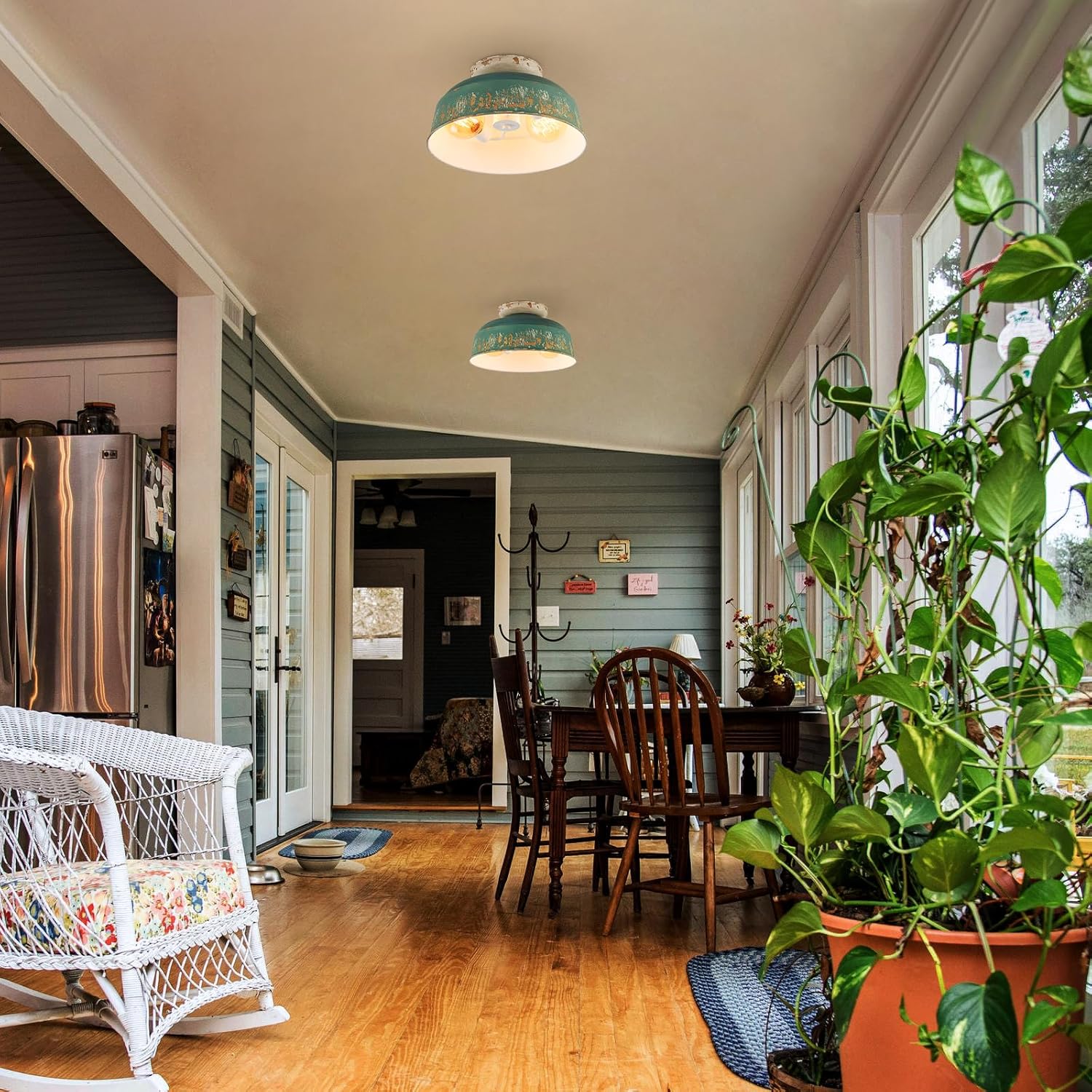 2-Light Semi-Flush Mount Ceiling Light, 13.98" Metal Hallway Light Fixtures with Hand-Brushed Gold Over Blue Finish, Vintage Ceiling Lamp for Bedroom, Kitchen, Foyer, Entryway